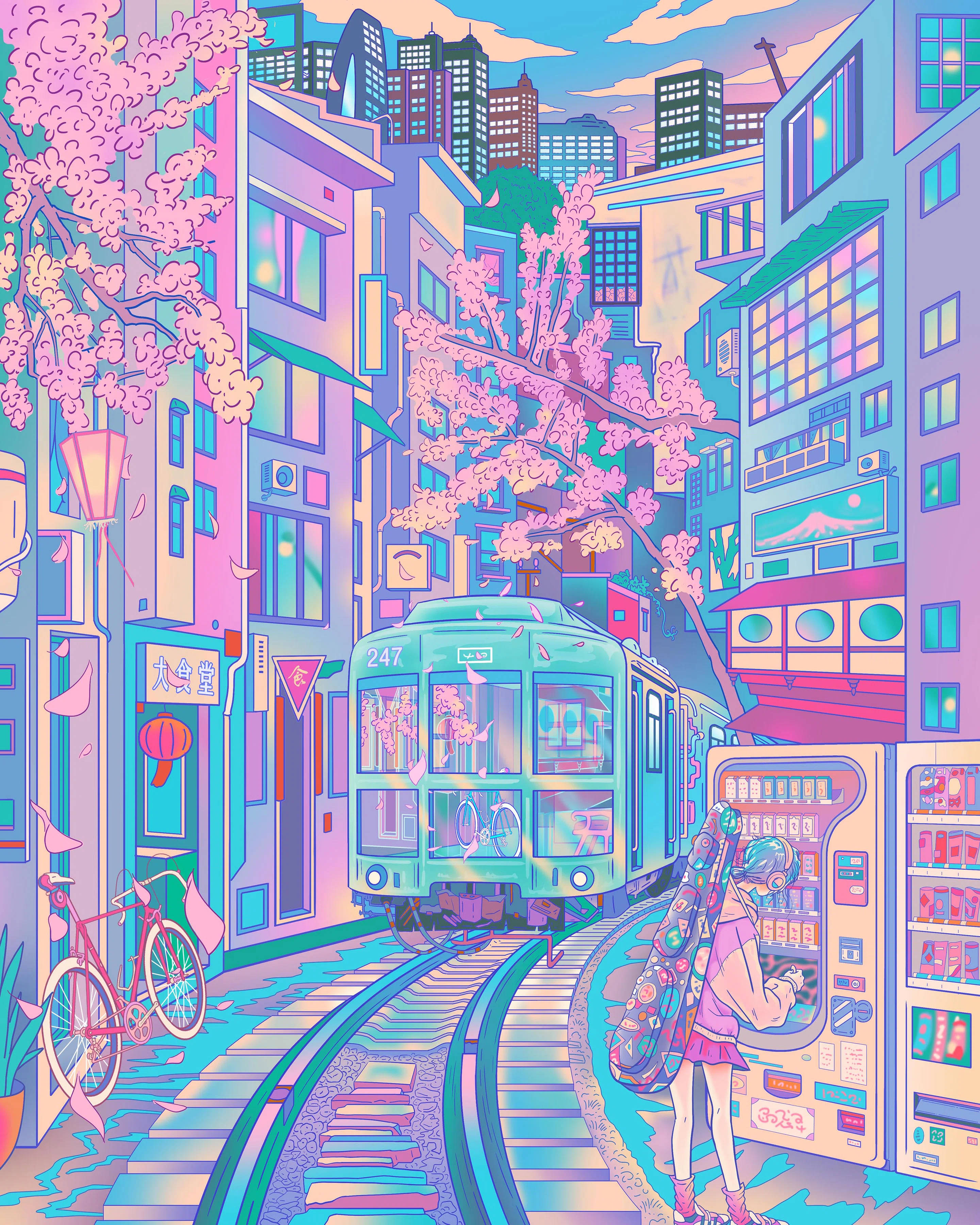 pastel Japanese Aesthetic, teal tram, cherry blossoms, 2K Phone Wallpaper