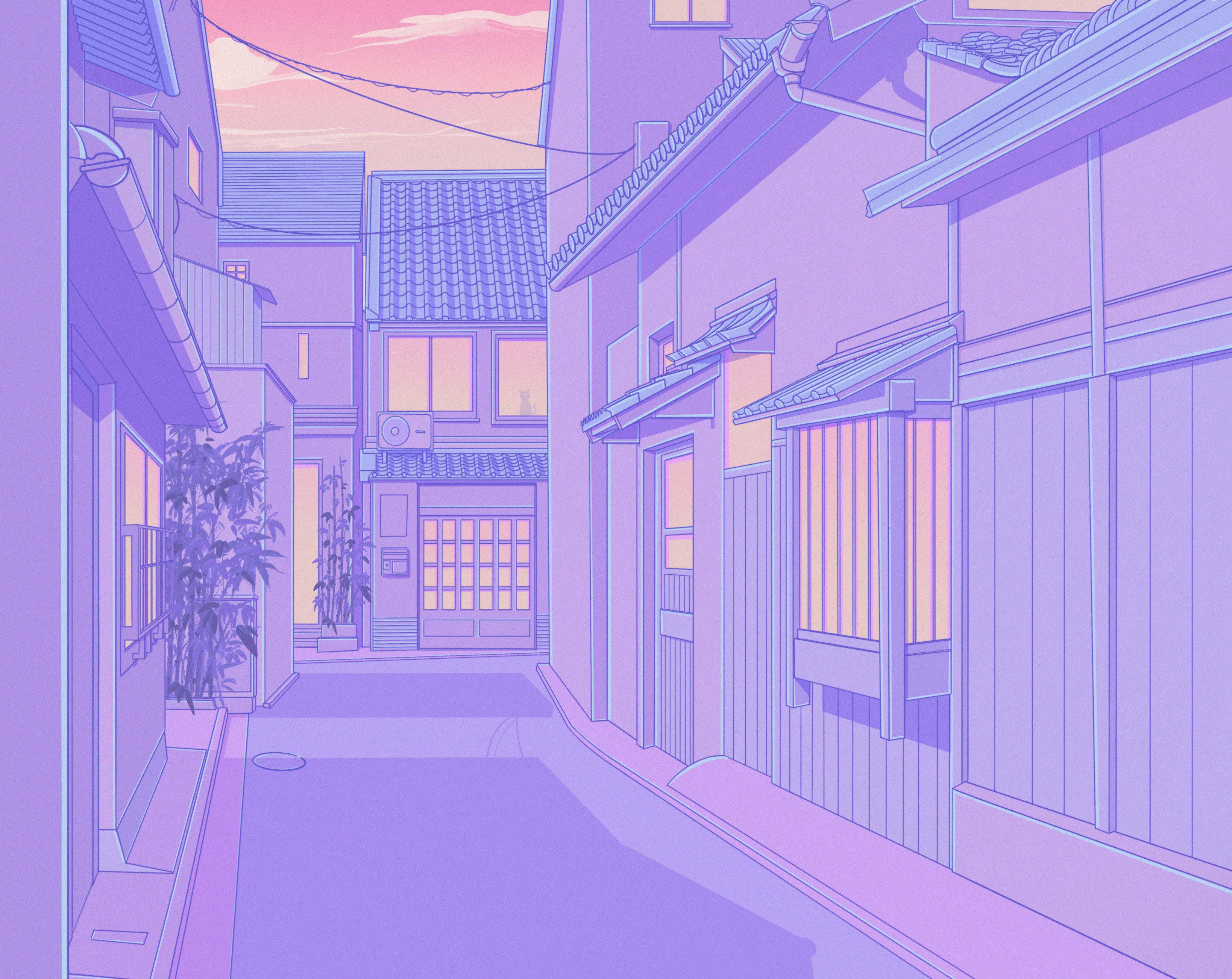 pastel Japanese aesthetic, traditional Japanese houses, purple twilight, 2K Desktop Wallpaper