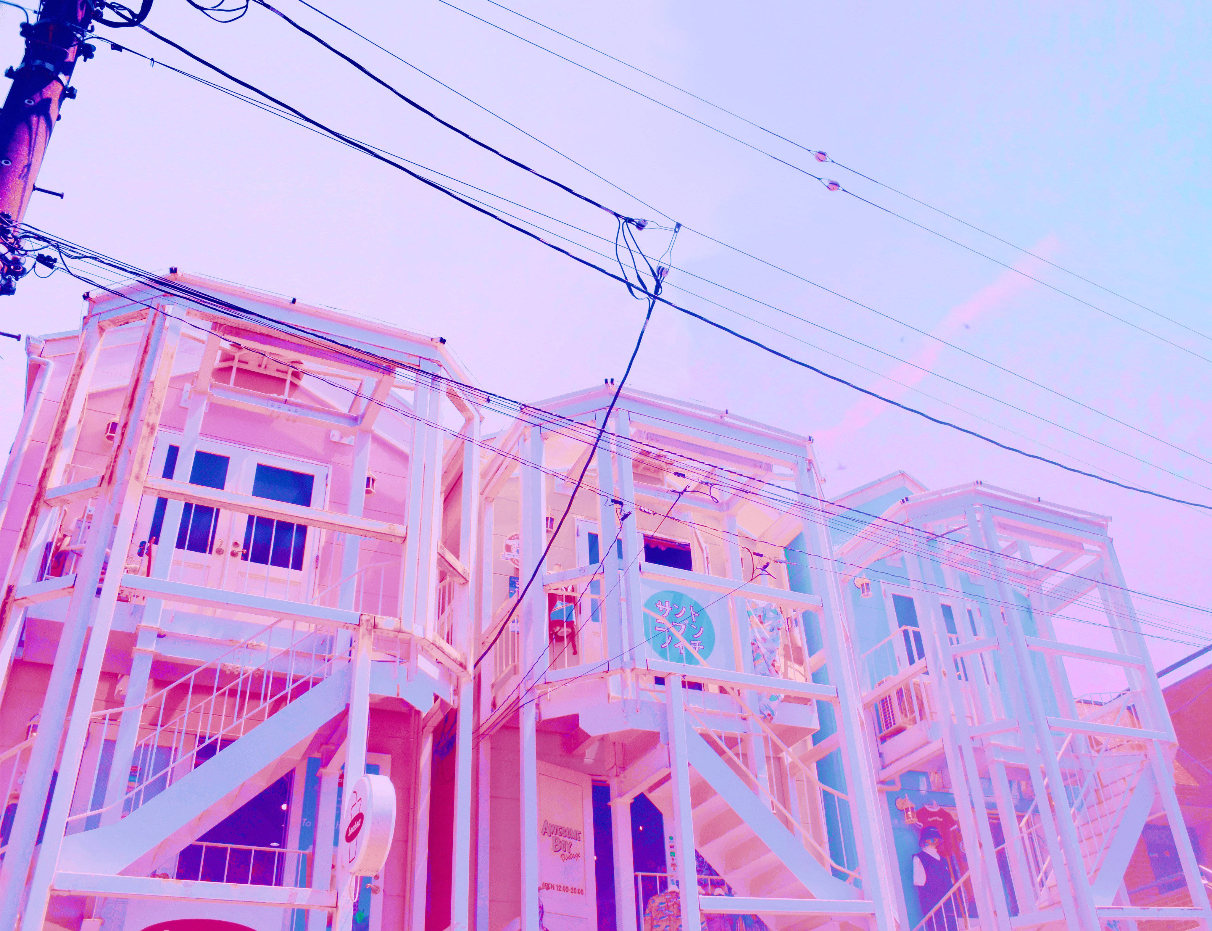 pastel pink, pastel blue, external staircases, 4K Desktop Wallpaper
