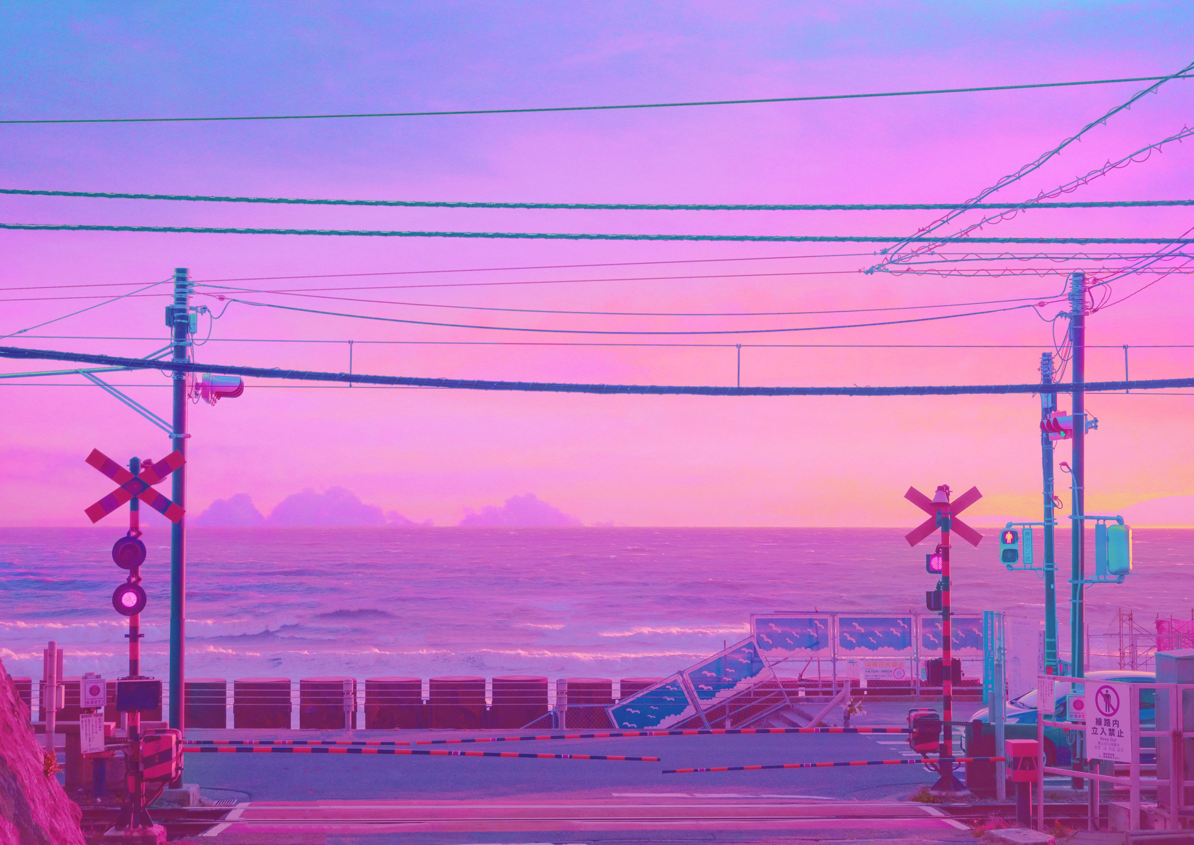 railroad crossing, pastel Japanese aesthetic, pink and purple sunset, 4K Desktop Wallpaper