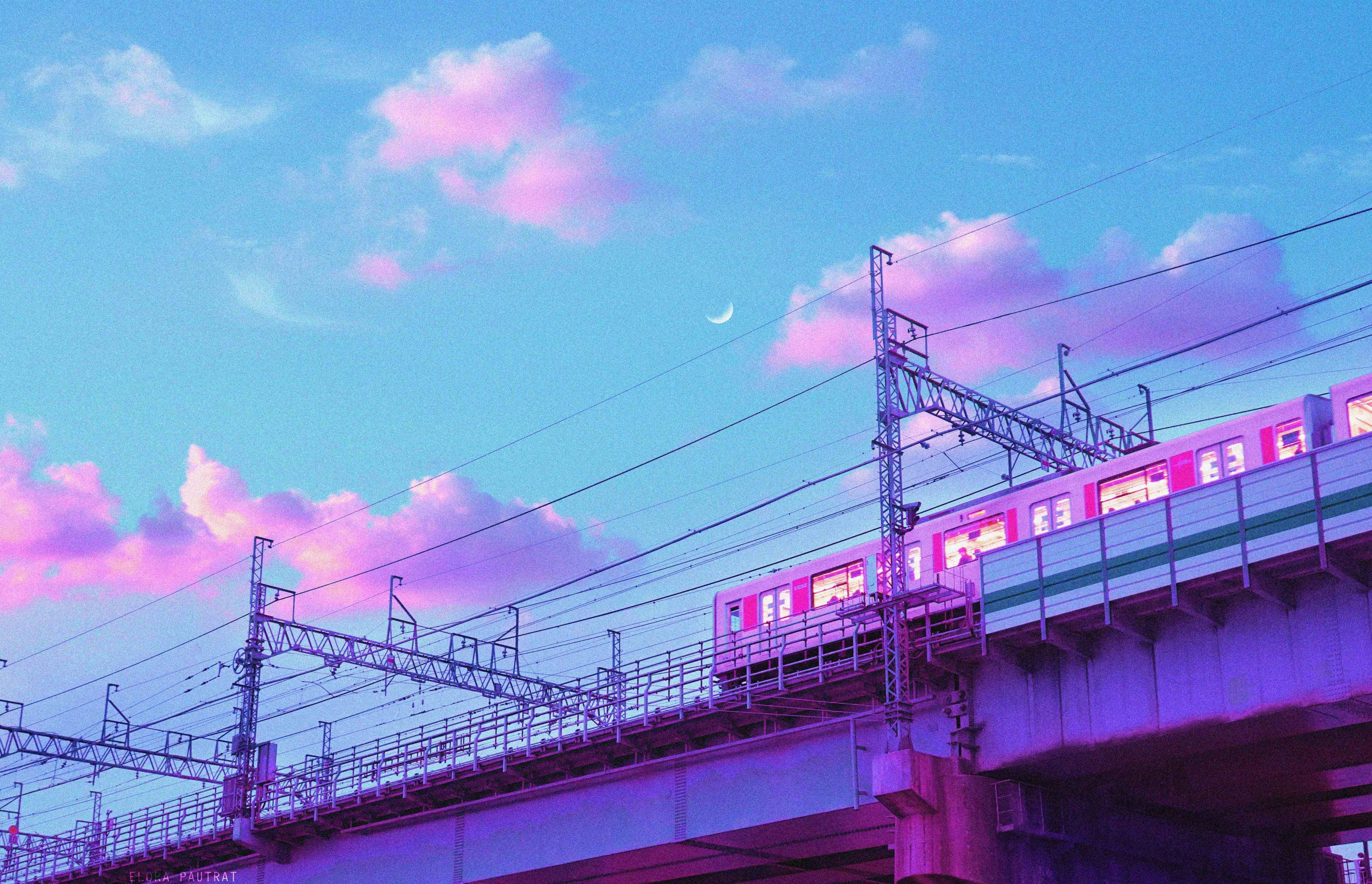pastel japanese aesthetic, twilight sky, pink clouds, 2K Desktop Wallpaper
