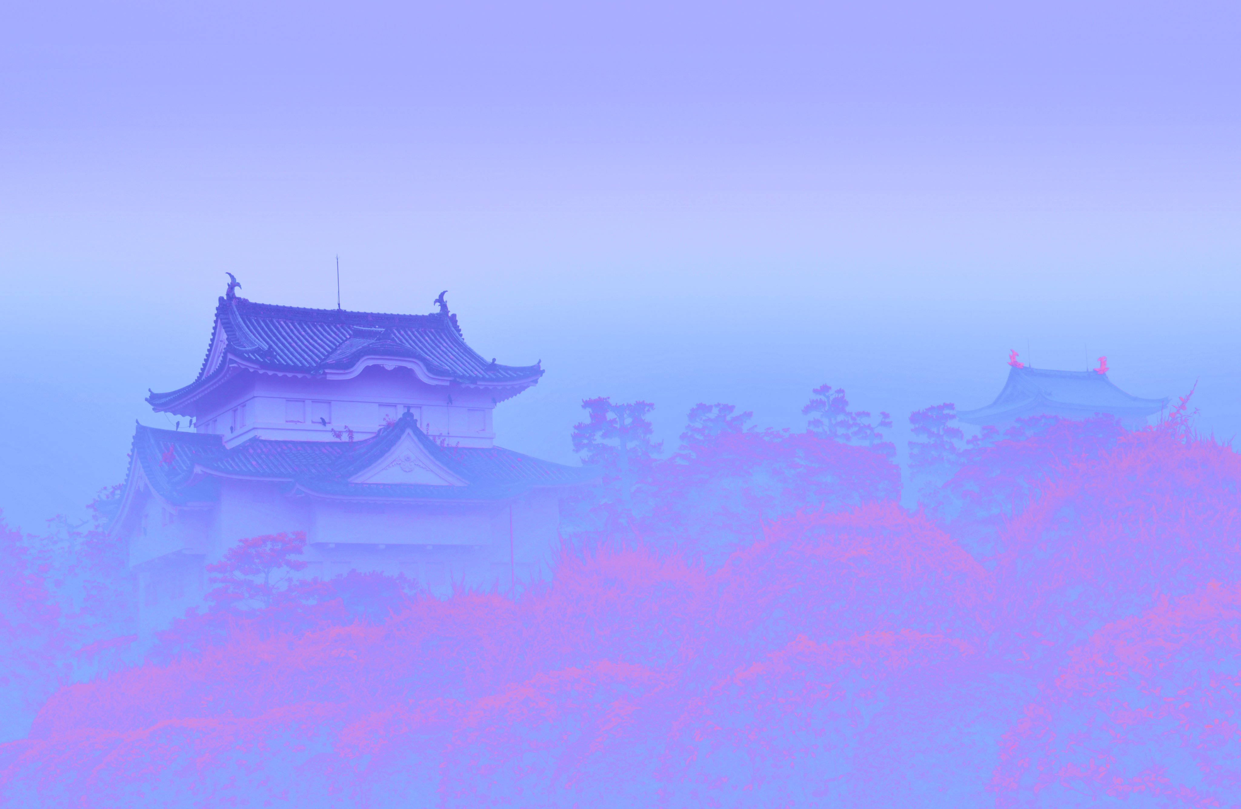 foggy mansion, surreal purple and pink hues, traditional architecture, 4K Desktop Wallpaper