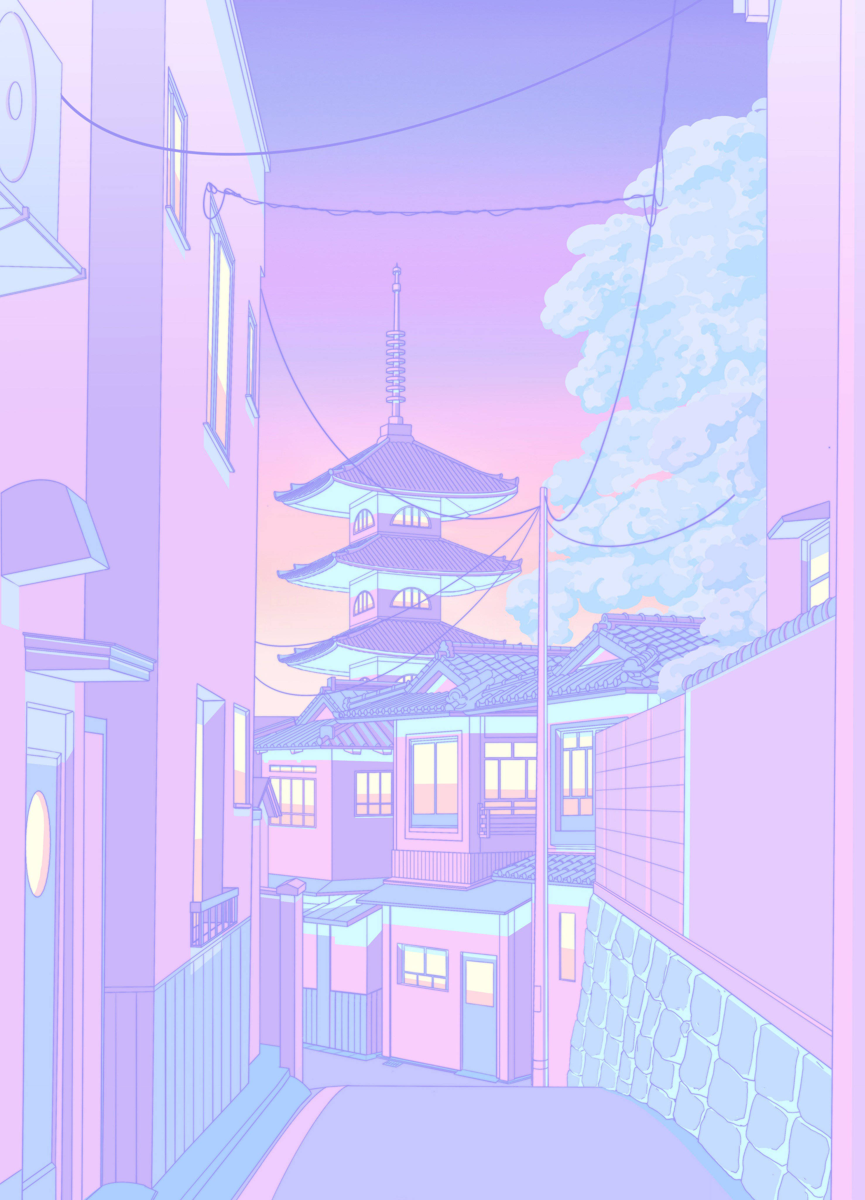pagoda, alley, pastel sky, 4K Phone Wallpaper