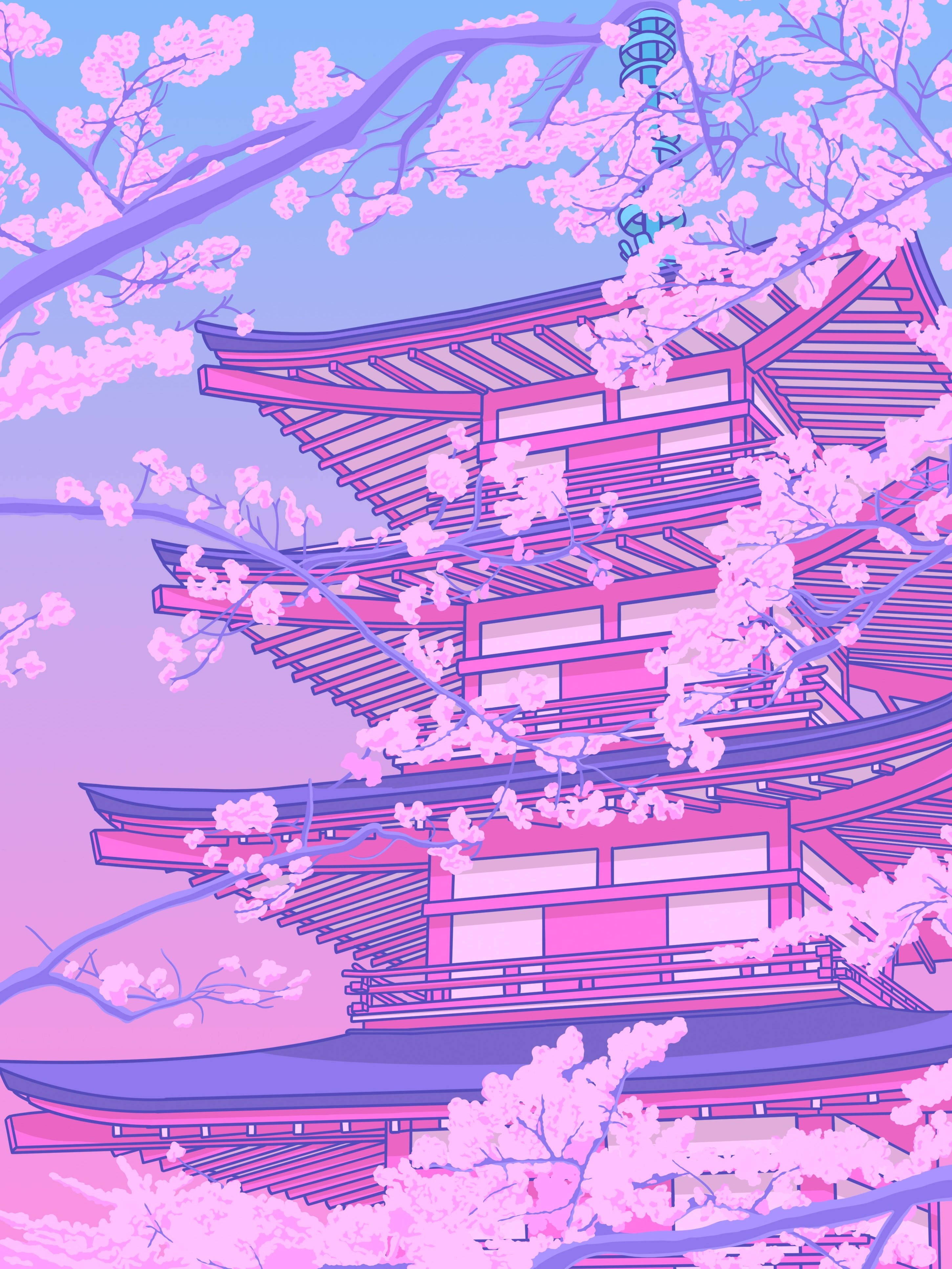 pastel japanese aesthetic, pink pagoda, blooming cherry blossoms, 4K Phone Wallpaper