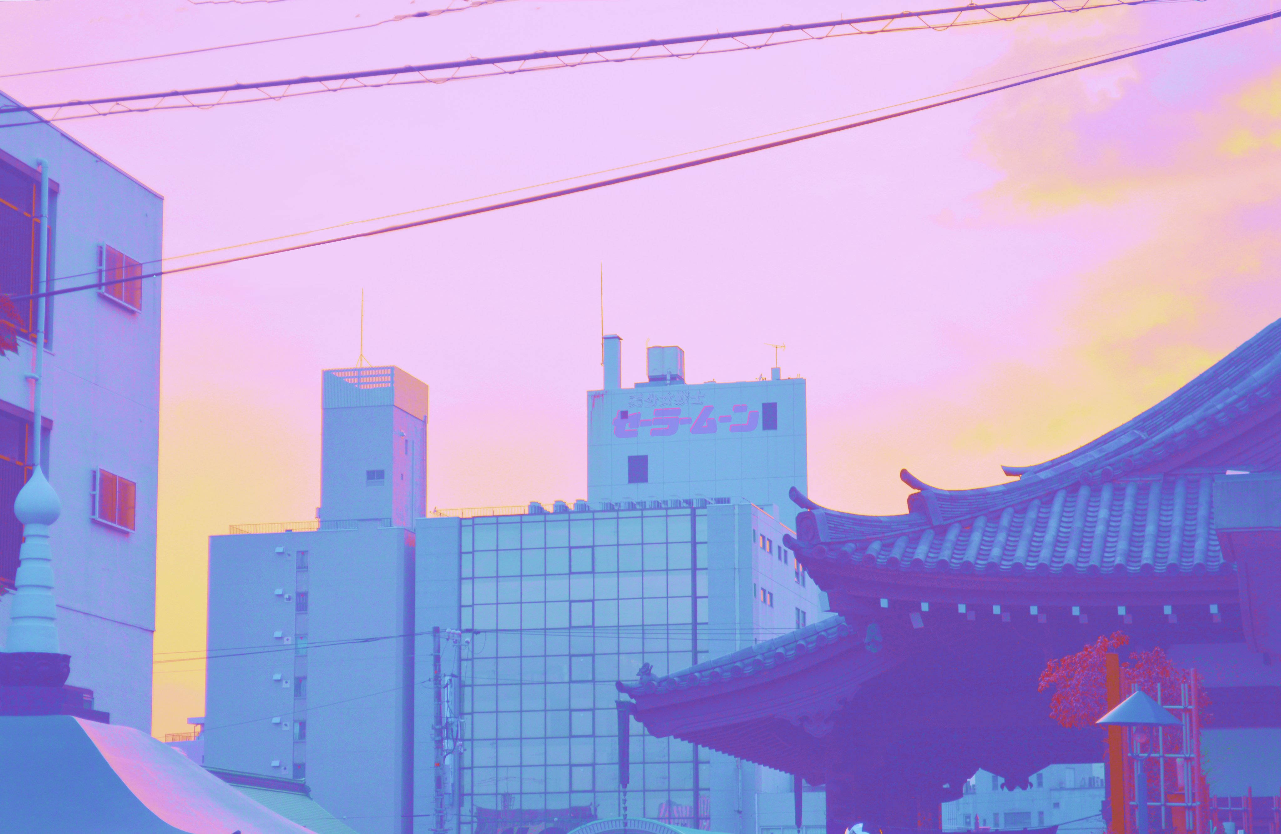 pastel japanese aesthetic, pink and purple twilight, traditional rooflines, 4K Desktop Wallpaper