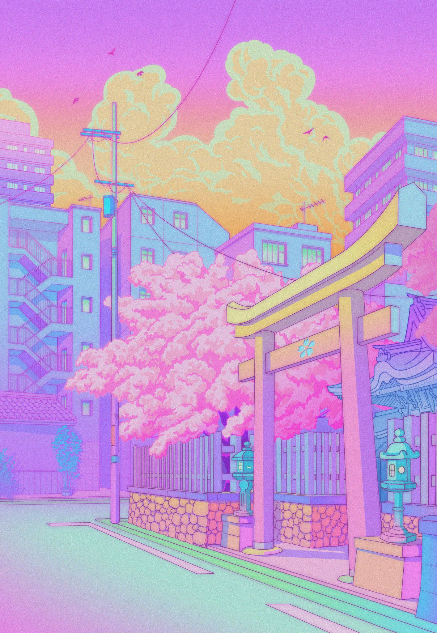 pastel Japanese aesthetic, sunset, pink cherry blossom tree, Full HD Phone Wallpaper