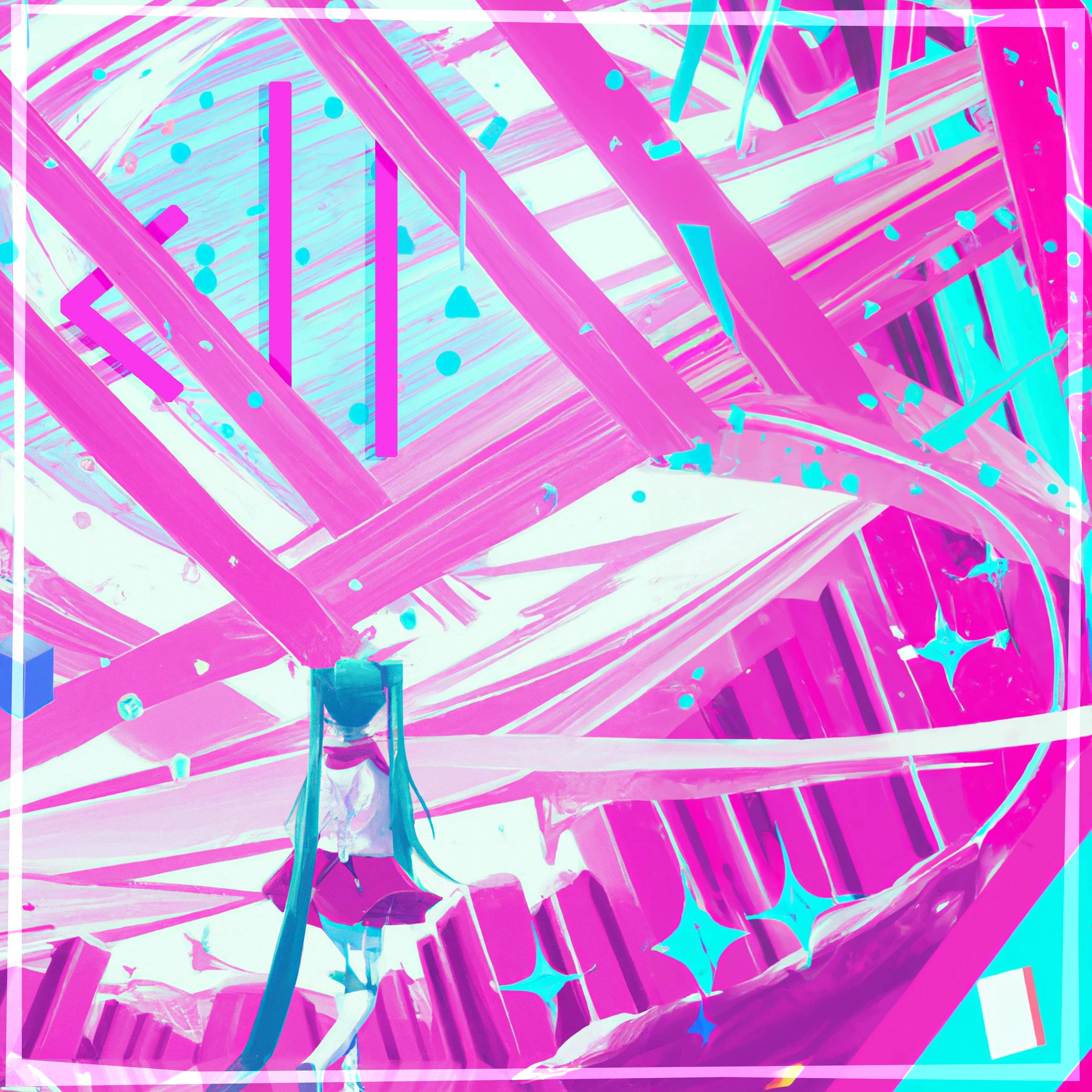 teal-haired anime girl, vibrant pink and cyan abstract digital tunnel, glowing geometric shapes, 2K Desktop Wallpaper