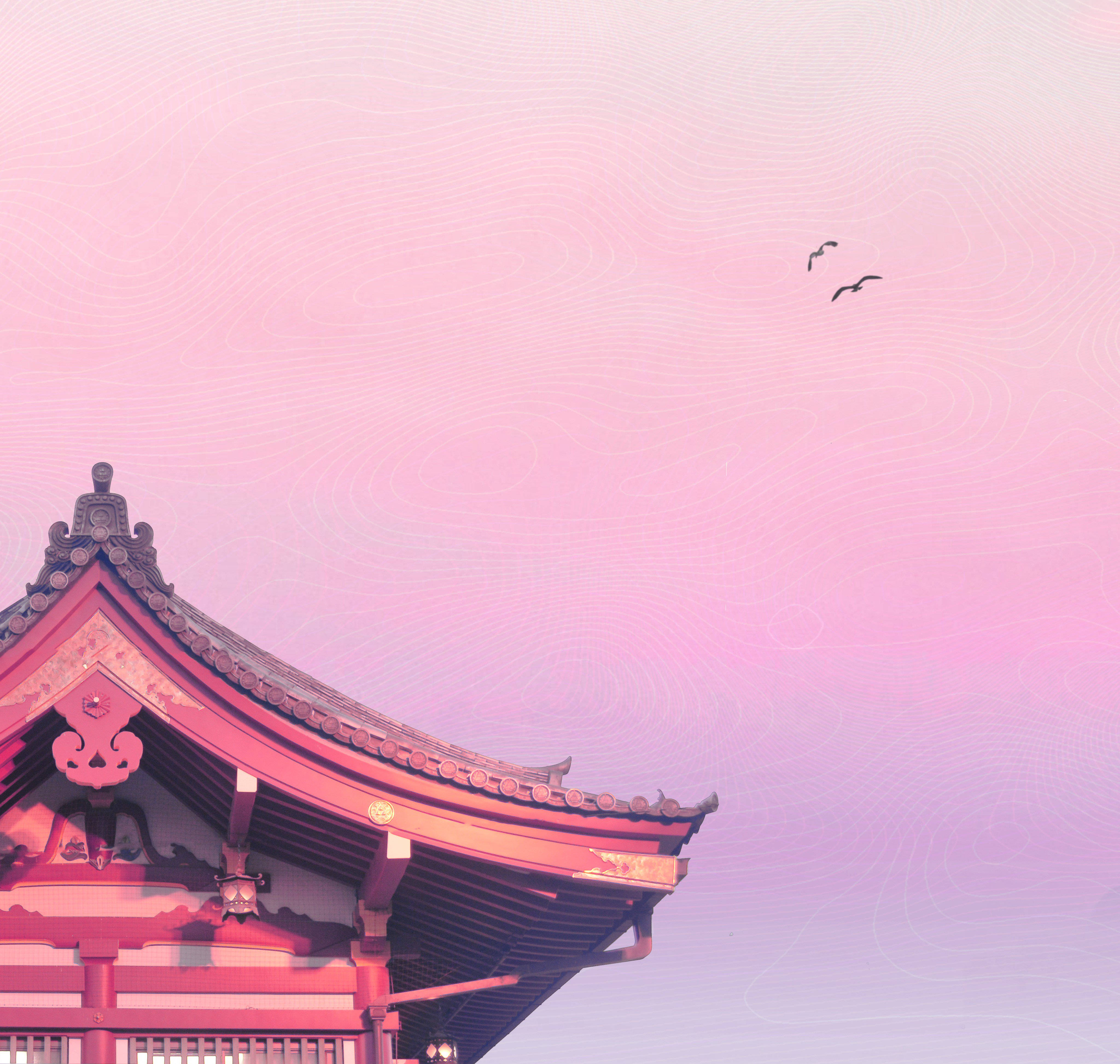 traditional Japanese temple roof, pastel sky, subtle wave patterns, 4K Desktop Wallpaper