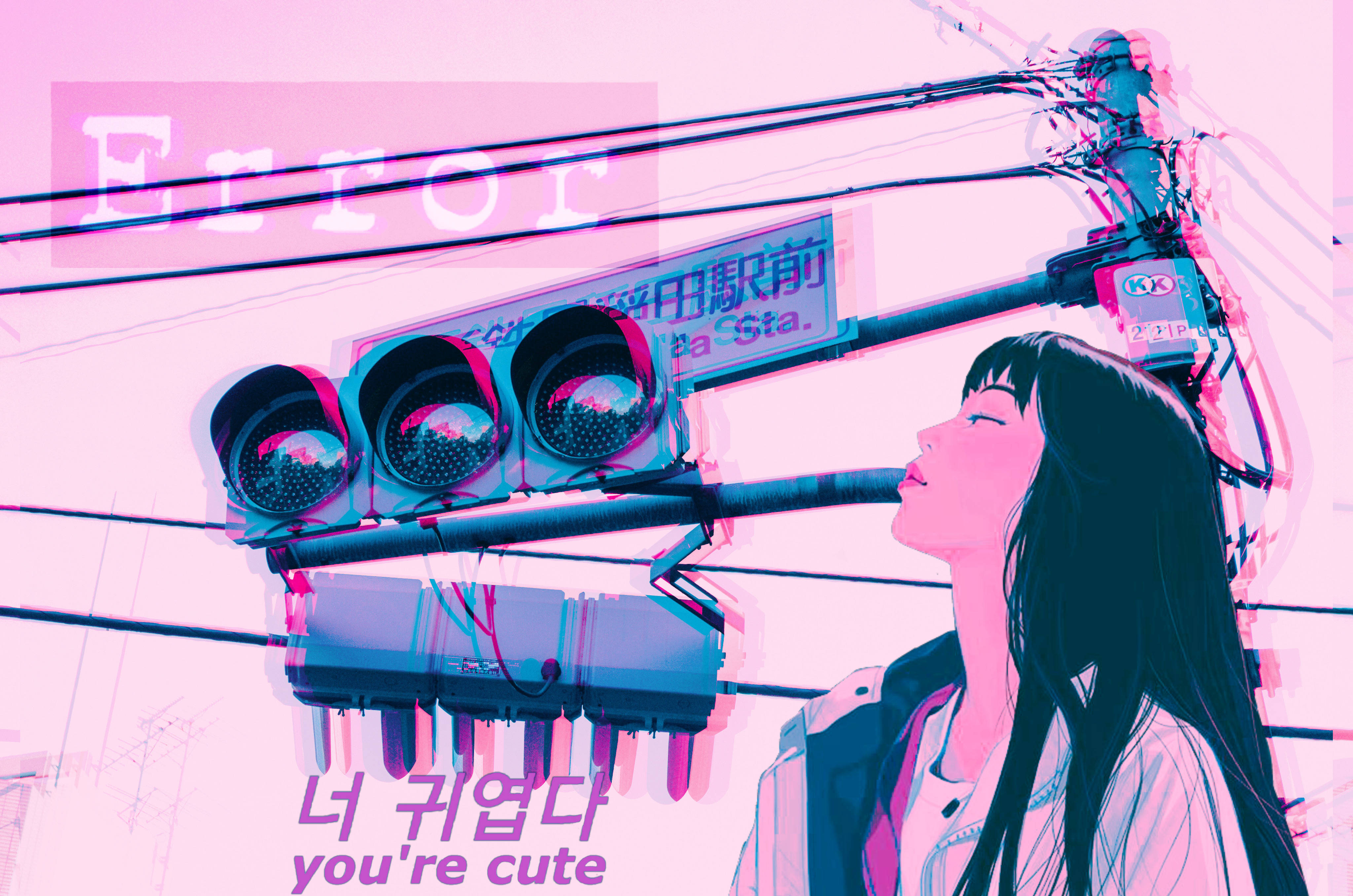 anime girl, traffic light, pink and cyan glitchy urban sky, 4K Desktop Wallpaper