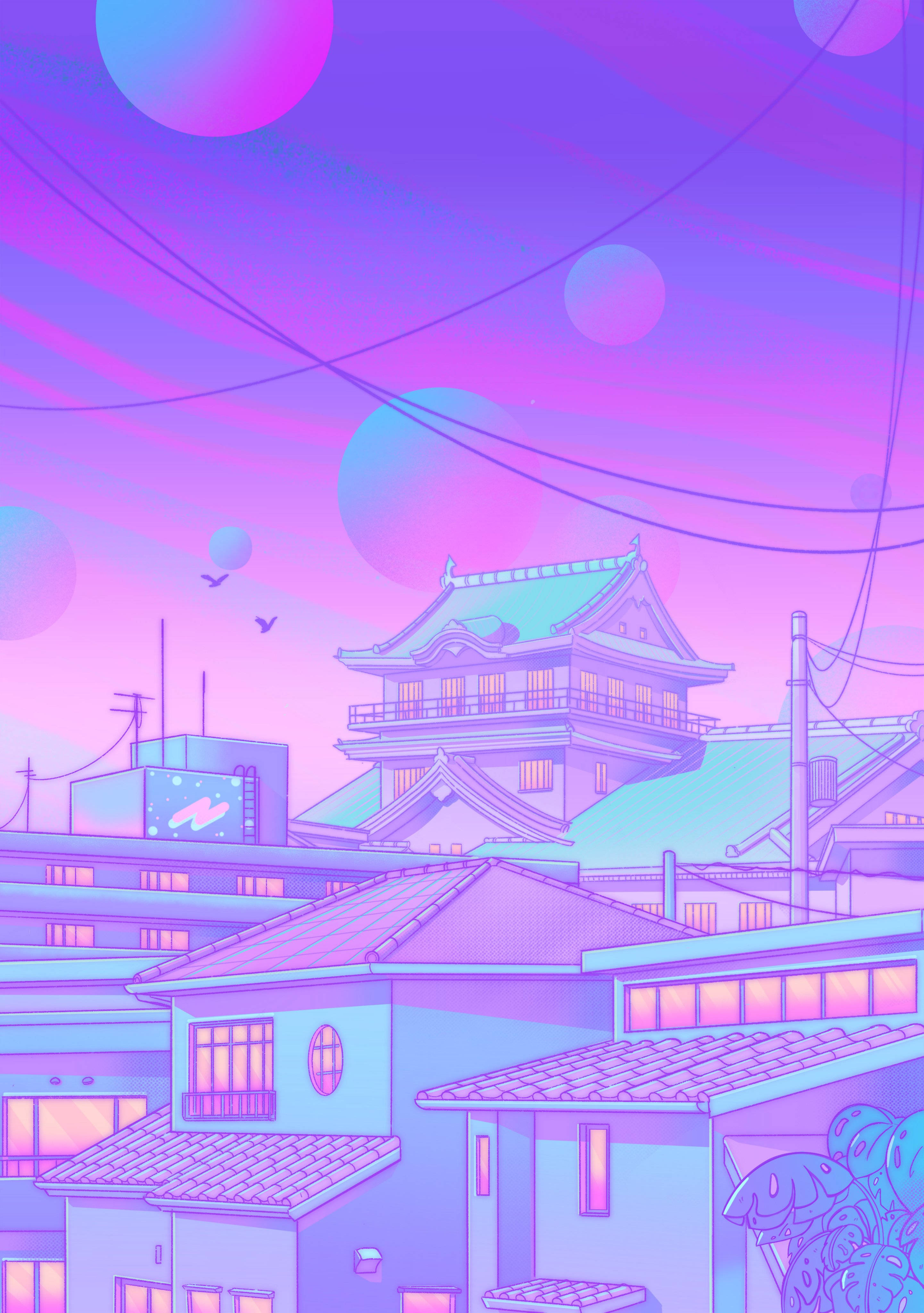 Pastel Japanese Aesthetic, neighborhood spheres, surreal purple and pink sky, 4K Phone Wallpaper