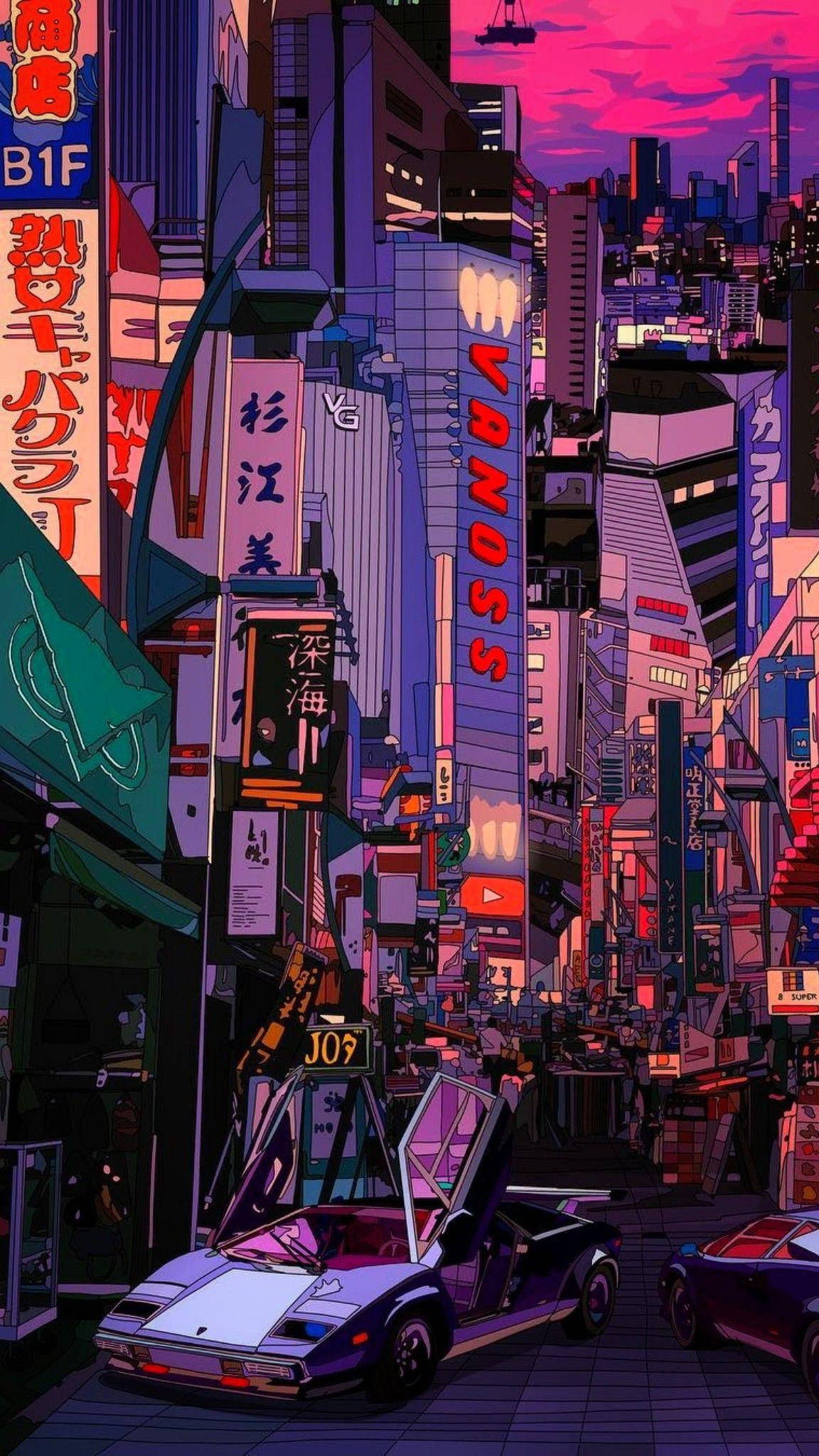 Retro Tokyo Aesthetic, neon-drenched cyberpunk cityscape, dusk, Full HD Phone Wallpaper