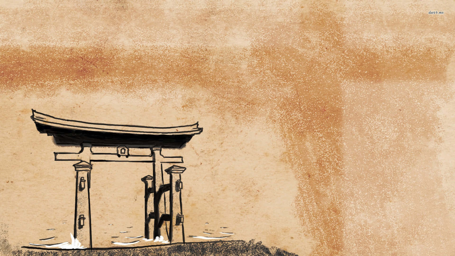 torii gate, black ink, rocky shore, Full HD Desktop Wallpaper