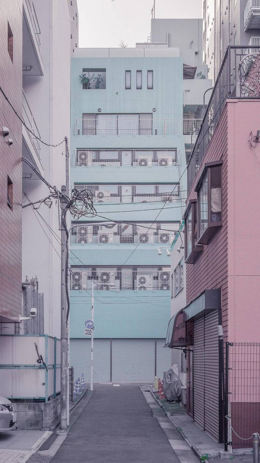 pastel blue apartment building, pink and beige buildings, narrow urban alleyway, Full HD Phone Wallpaper