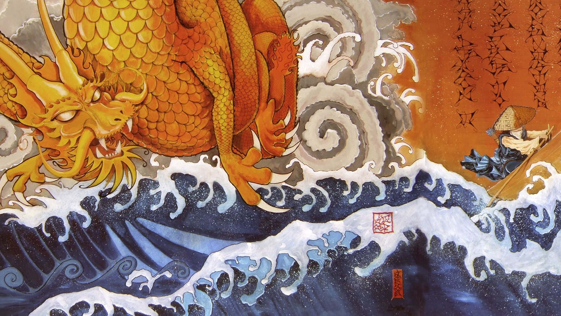golden dragon, crashing blue waves, samurai in a boat, Full HD Desktop Wallpaper