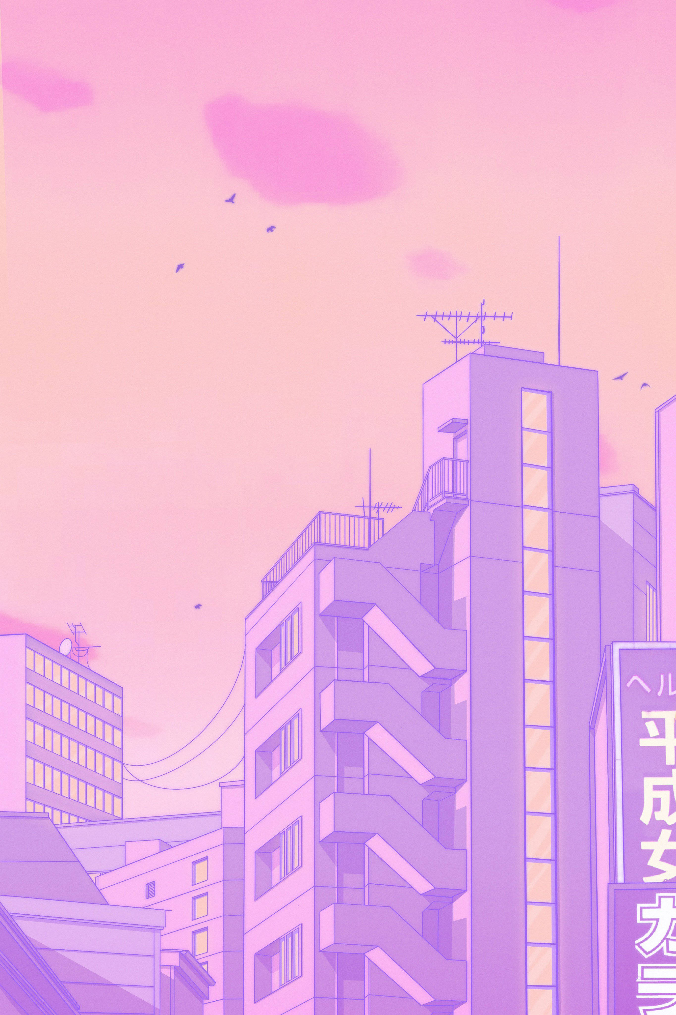 pastel pink, pastel purple, anime-style cityscape, 4K Phone Wallpaper