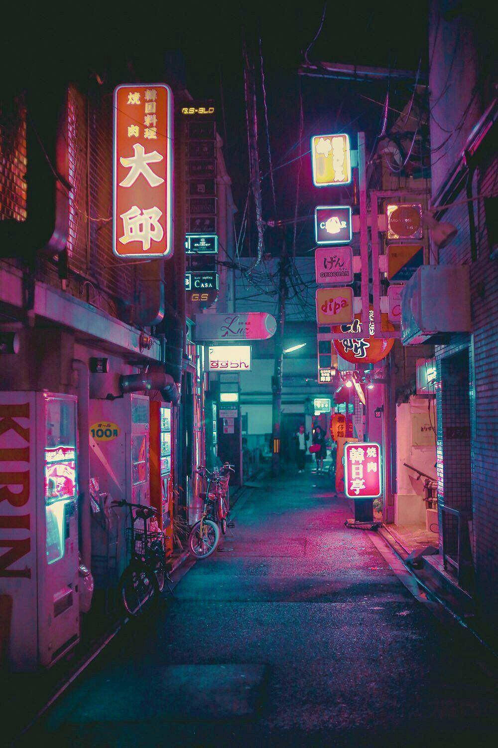 neon-lit alleyway, Japanese city, glowing signs, HD Phone Wallpaper