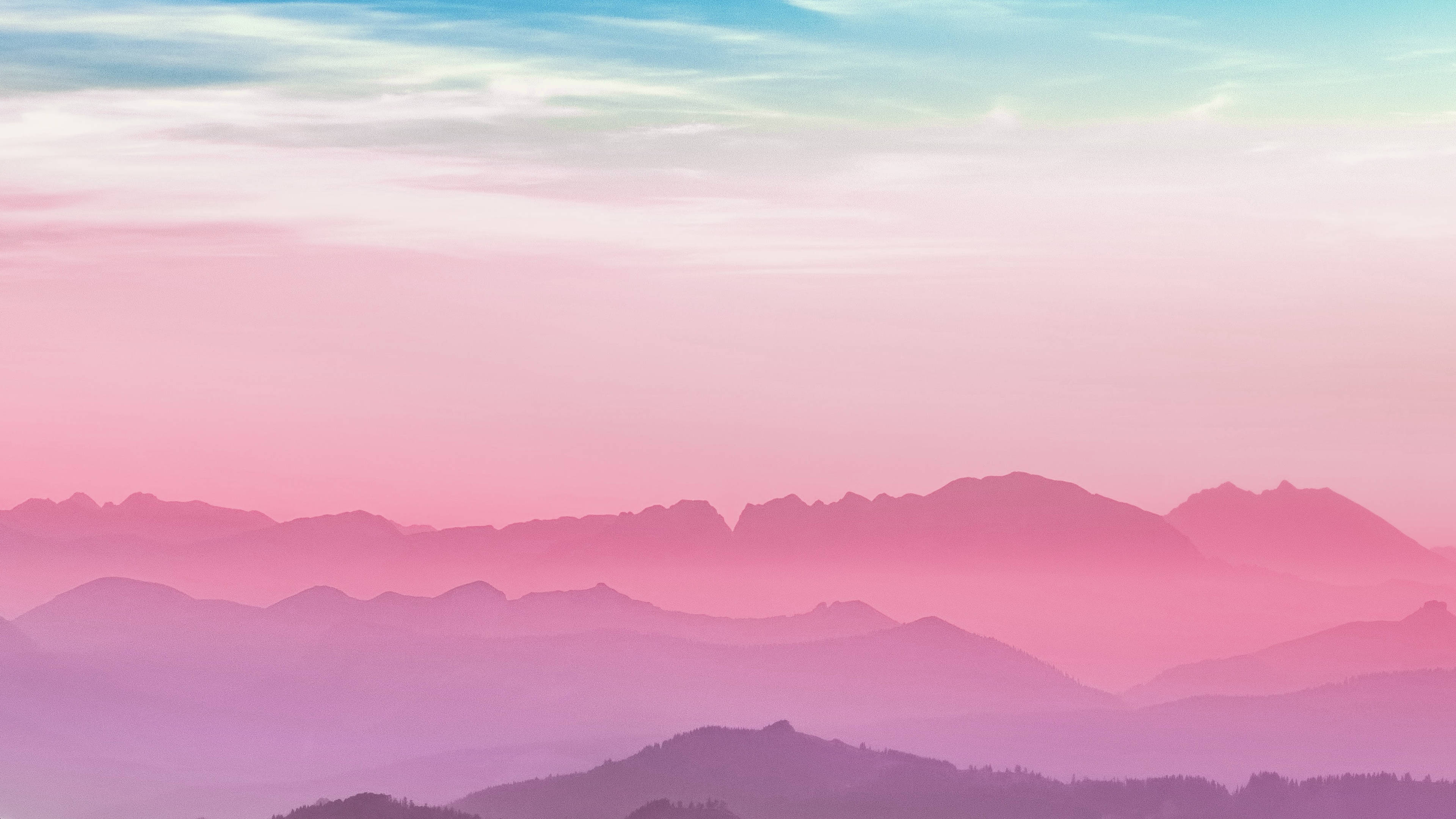 pastel minimalist, scenic mountain range, soft pink purple and blue hues, 4K Desktop Wallpaper