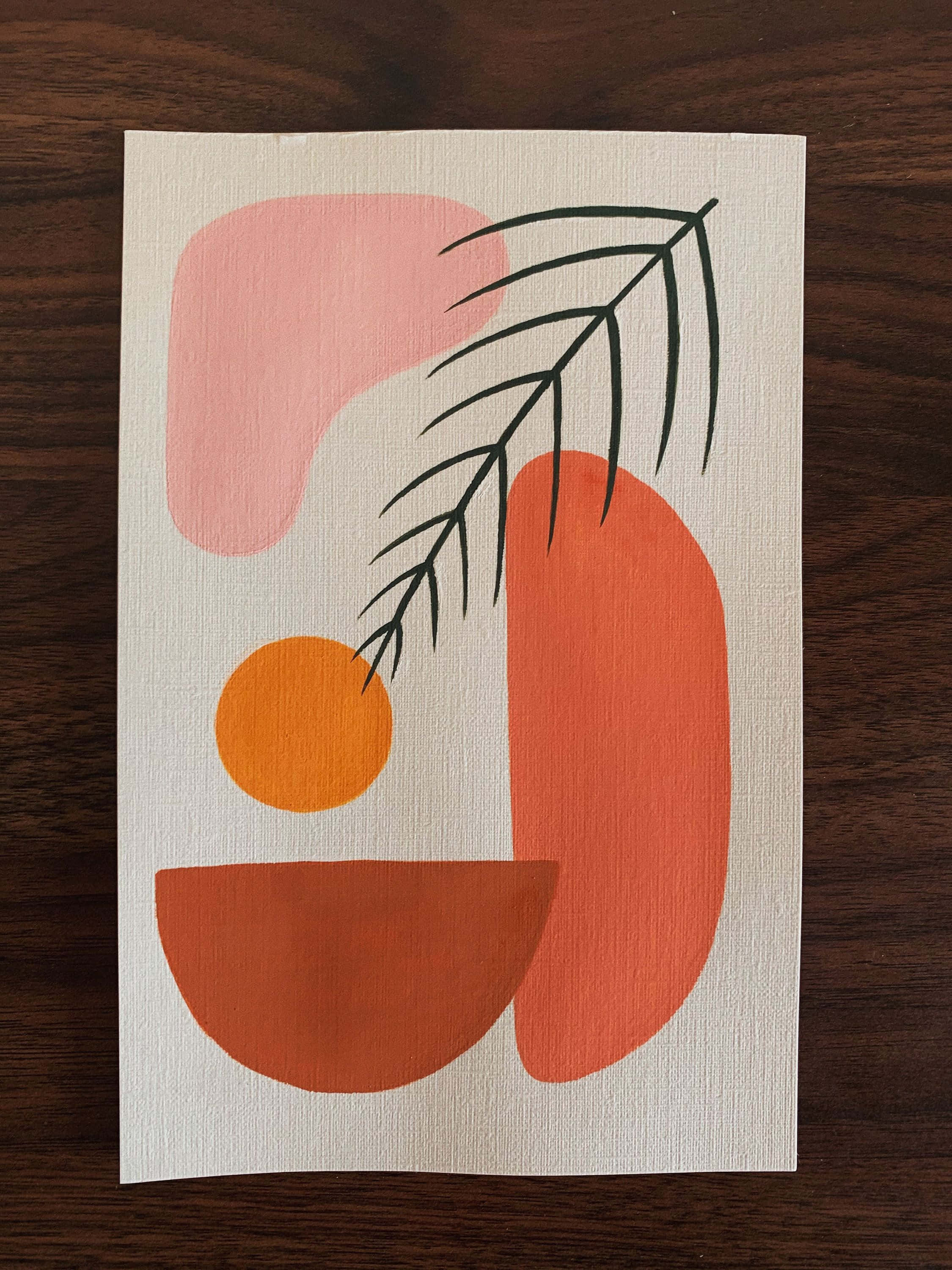 minimalist painting, warm orange pink and brown shapes, black palm leaf, 2K Phone Wallpaper