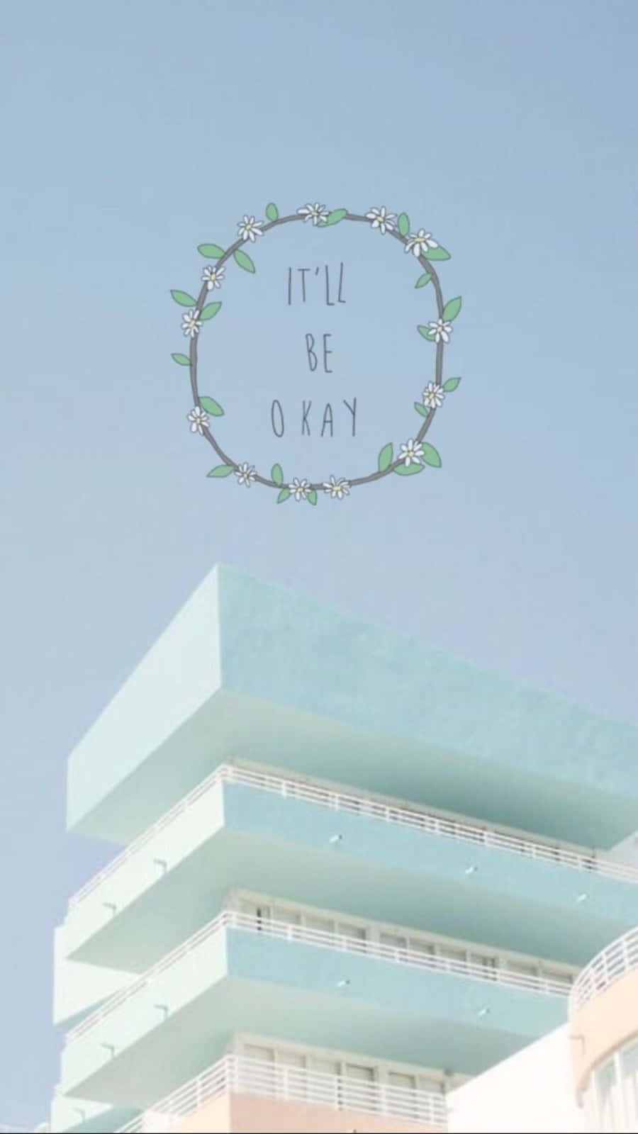 pastel blue building, clear sky, floral wreath graphic, HD Phone Wallpaper