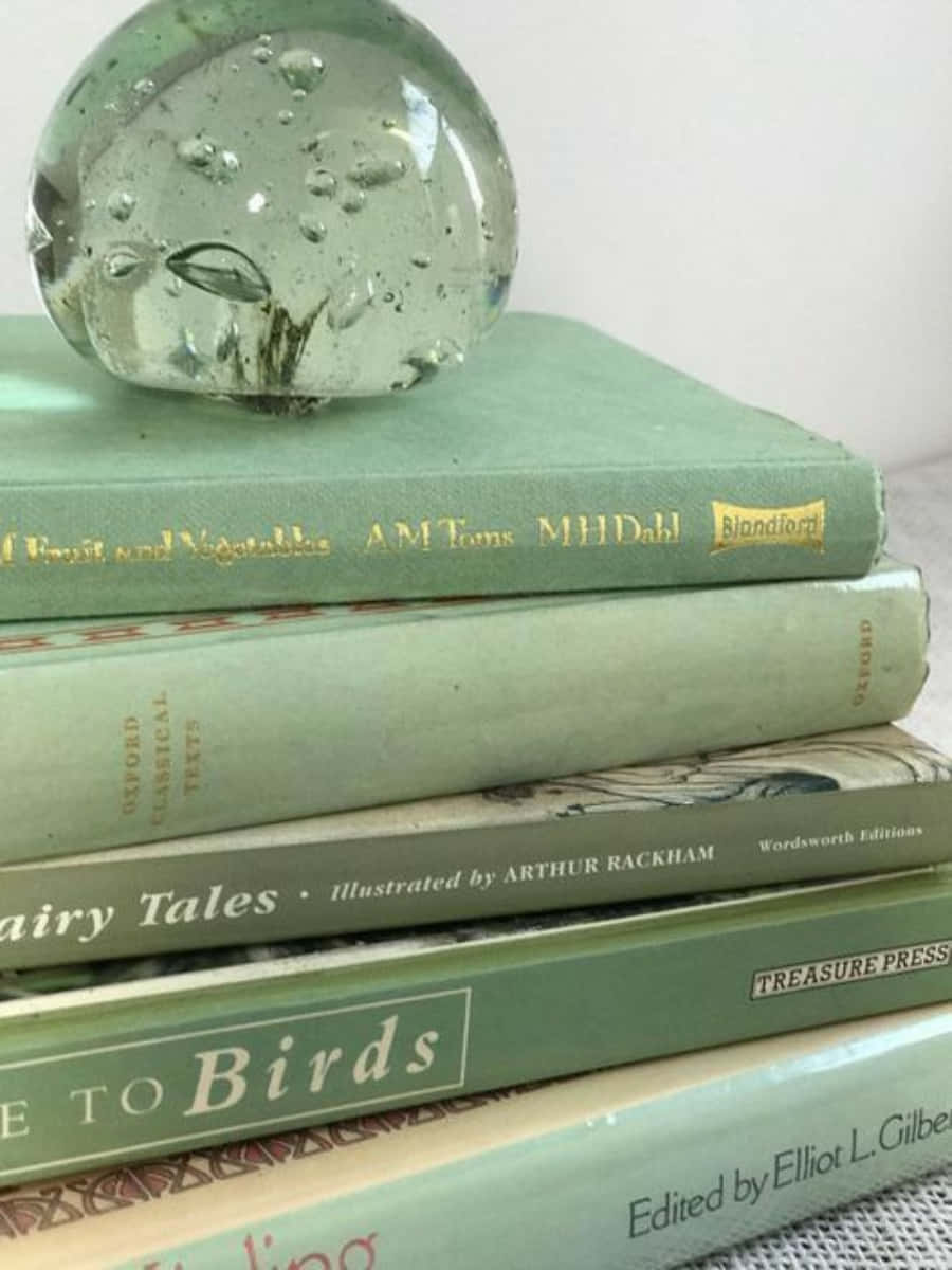 pastel mint green, vintage green books, glass paperweight, SD Phone Wallpaper