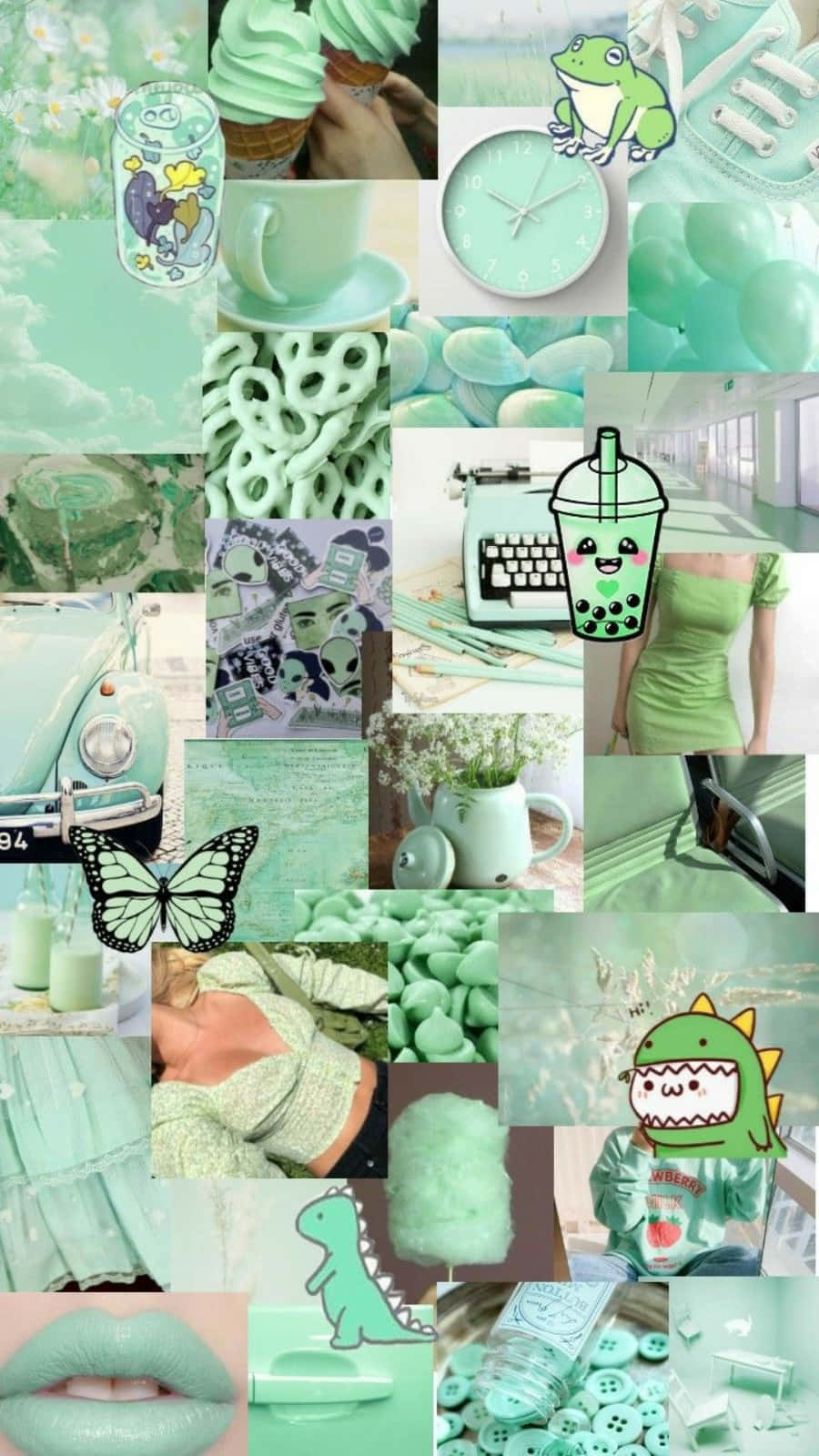 pastel mint green, mint green collage, ice cream cups, HD Phone Wallpaper