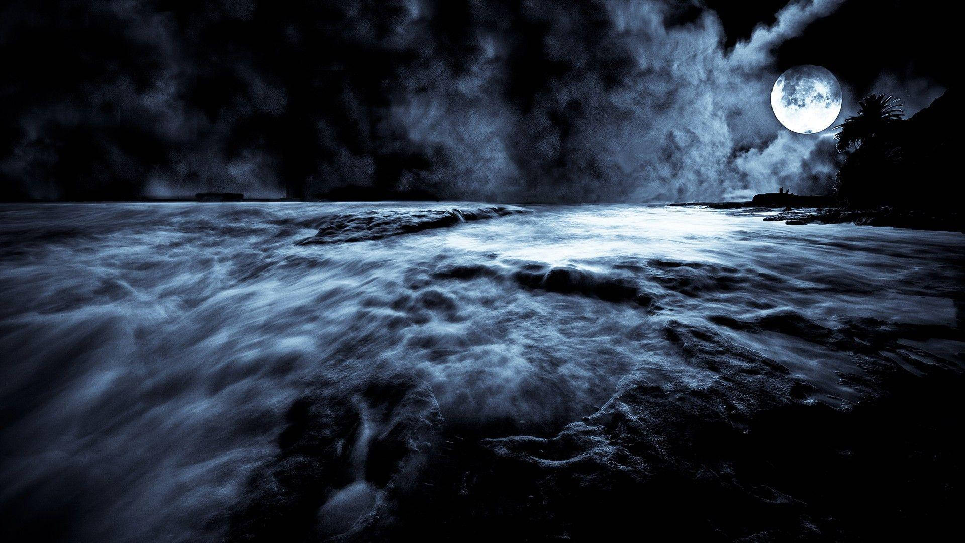 Moon, stormy clouds, turbulent ocean, Full HD Desktop Wallpaper