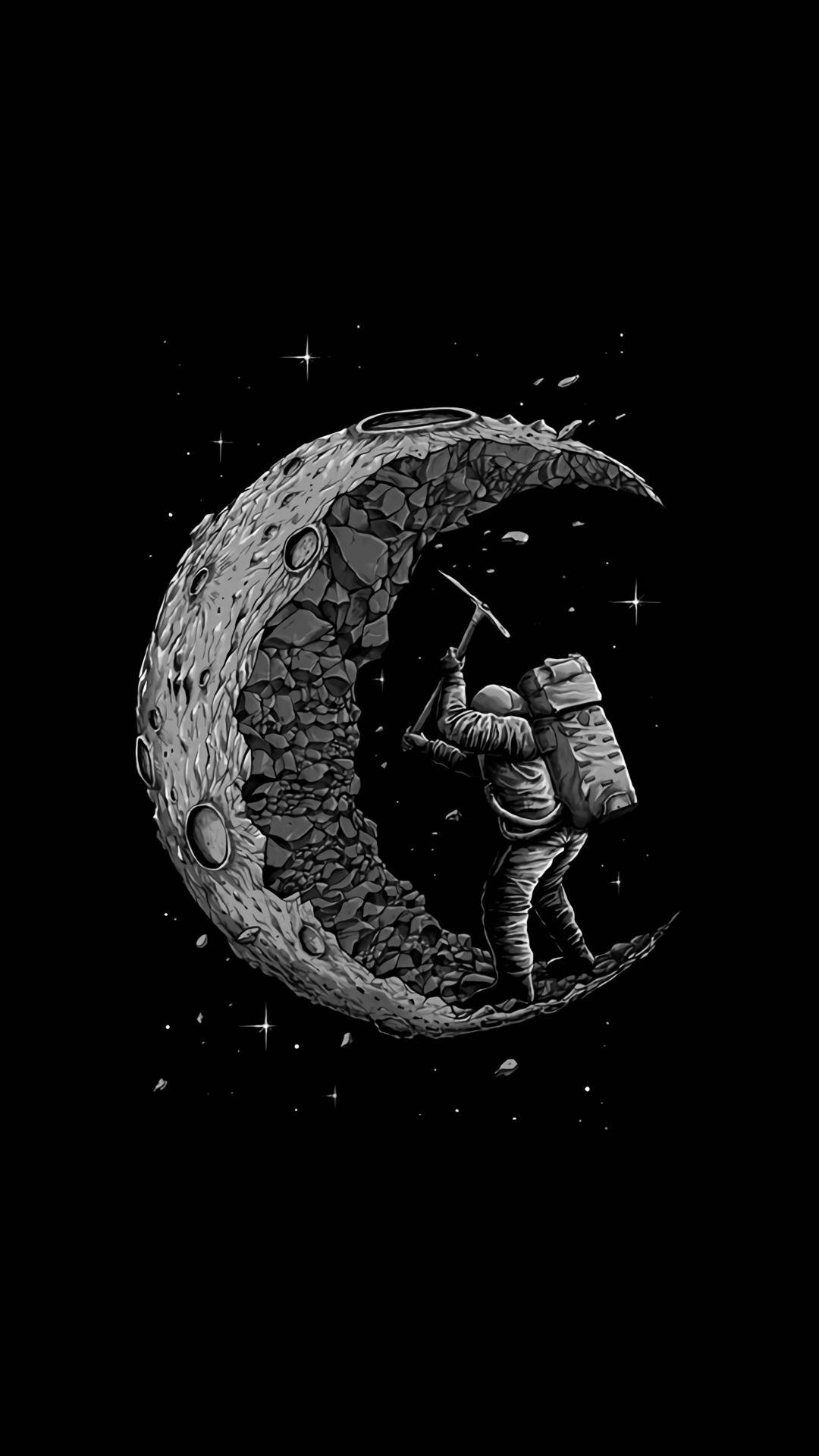moon aesthetic astronaut, crescent moon, starry black sky, Full HD Phone Wallpaper