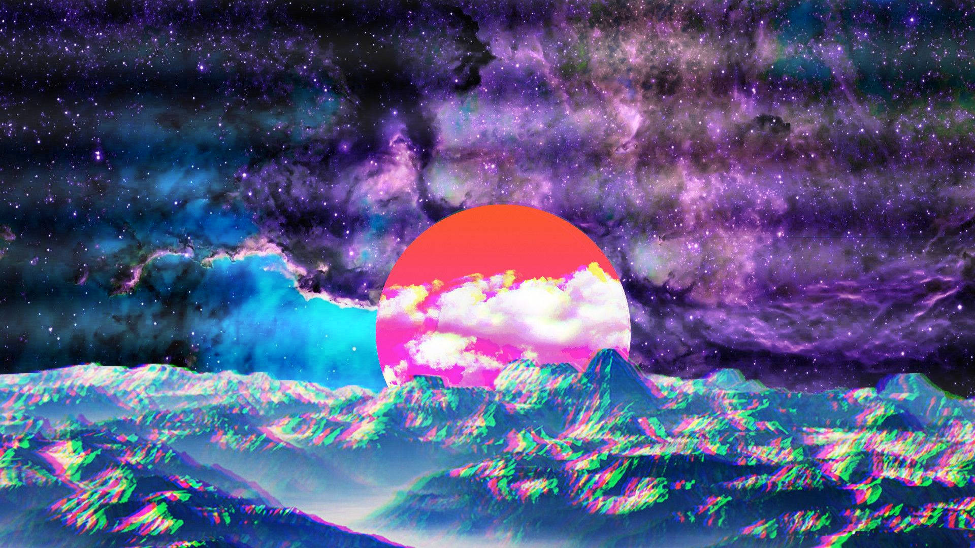 Space Aesthetic Retro Moon, glowing orange sun, jagged mountains, Full HD Desktop Wallpaper