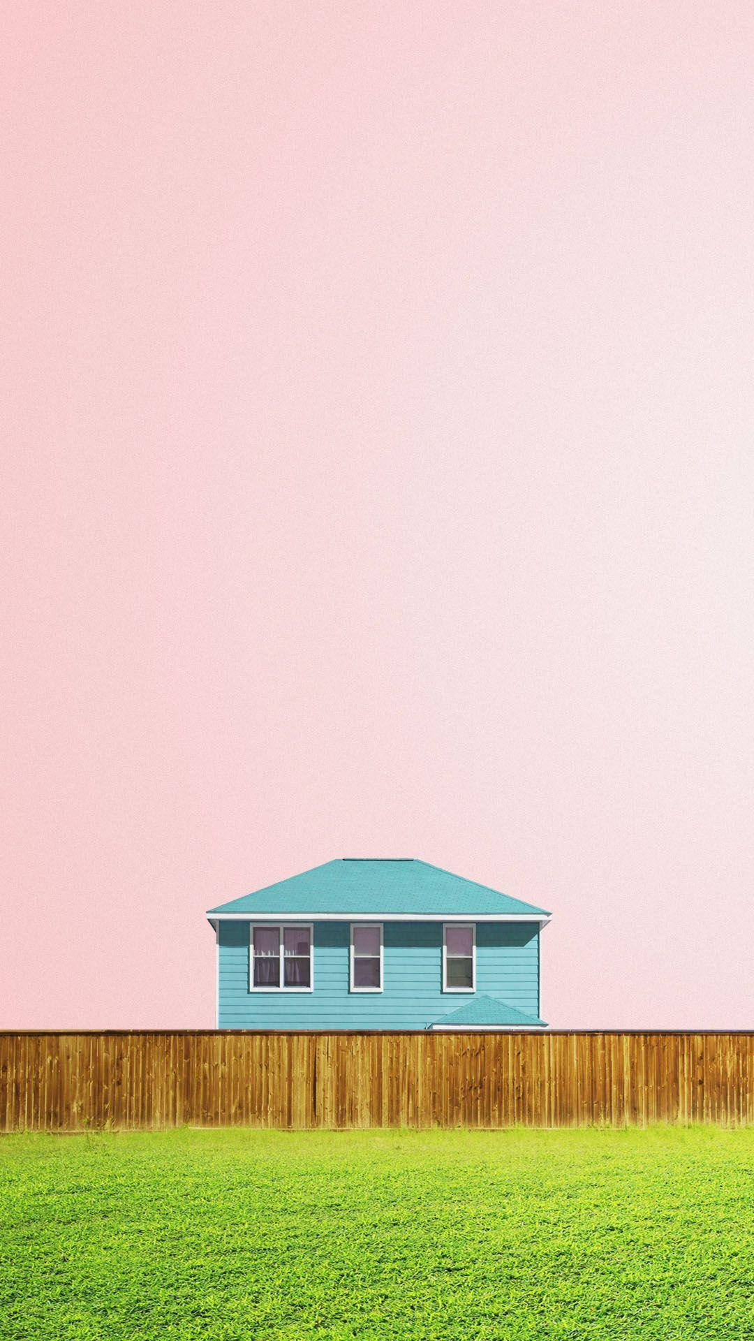 Pastel Phone, blue house, wooden fence, Full HD Phone Wallpaper
