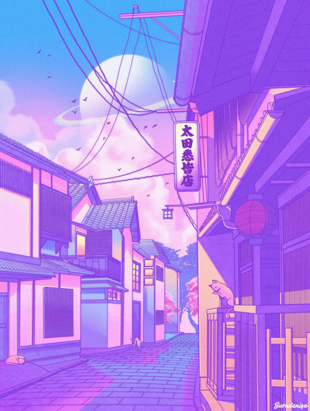 Pastel Phone, anime-style alleyway, purple and pink hues, HD Phone Wallpaper