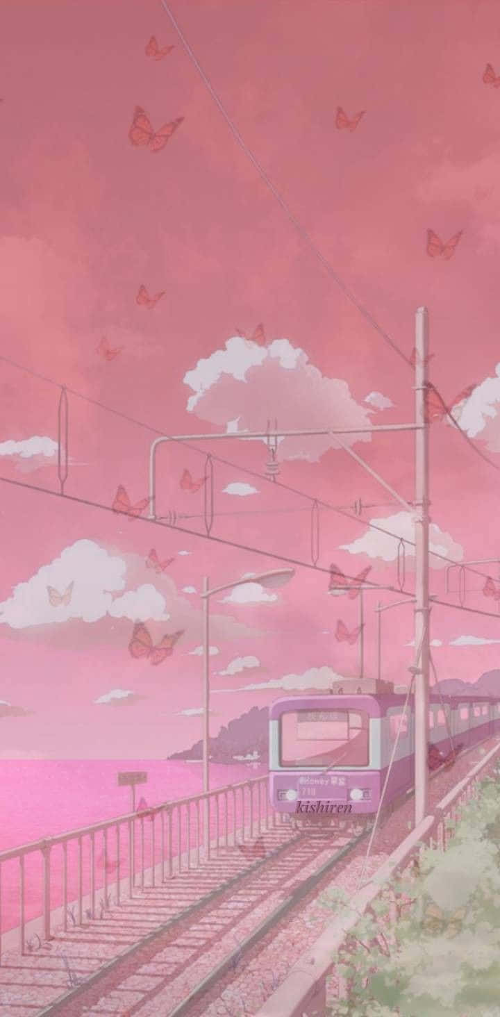pastel pink aesthetic anime, purple train, pink sky, HD Phone Wallpaper