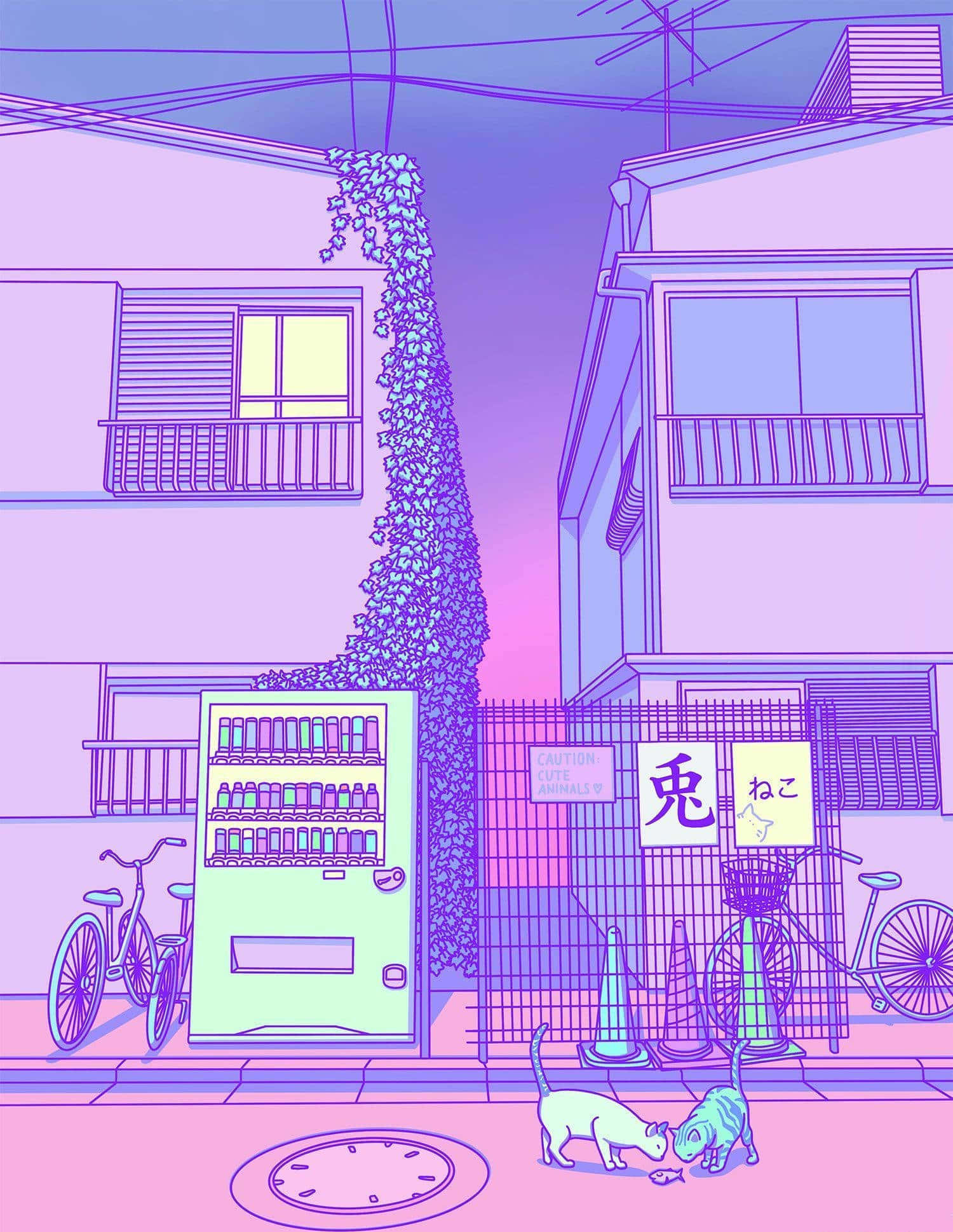 pastel pink aesthetic anime, neon-pink purple alleyway, glowing vending machine, Full HD Phone Wallpaper