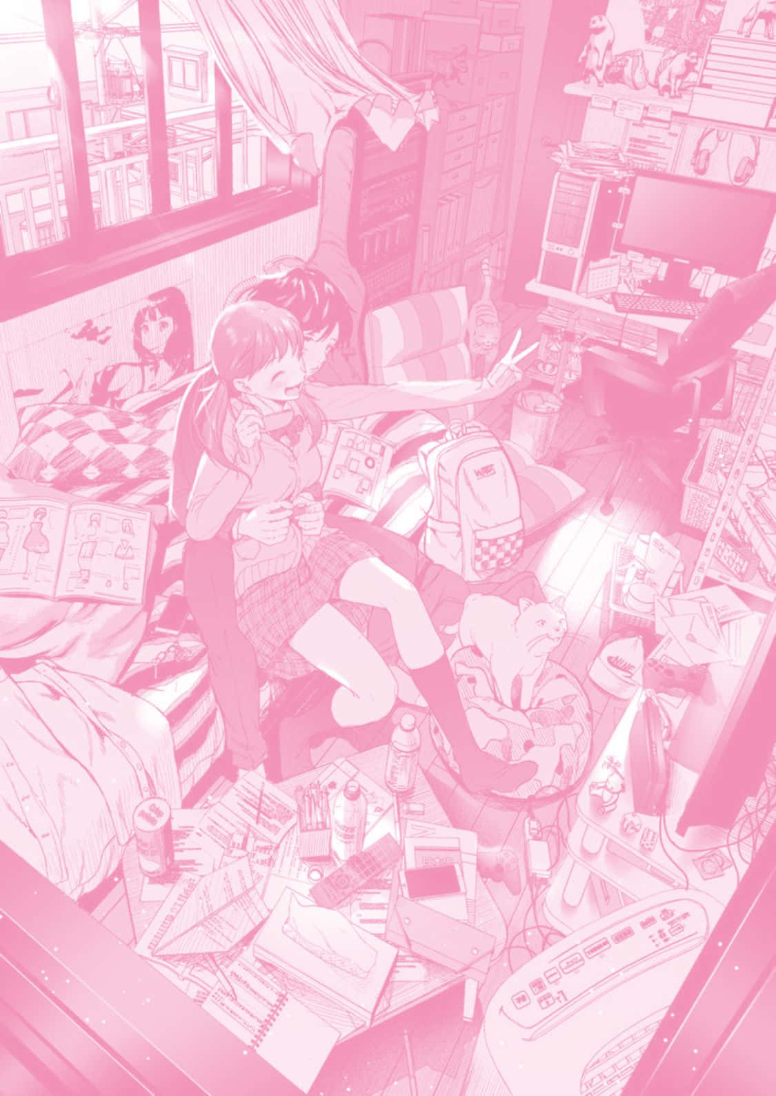 pastel pink aesthetic anime, anime girls, pink-tinted bedroom, HD Phone Wallpaper