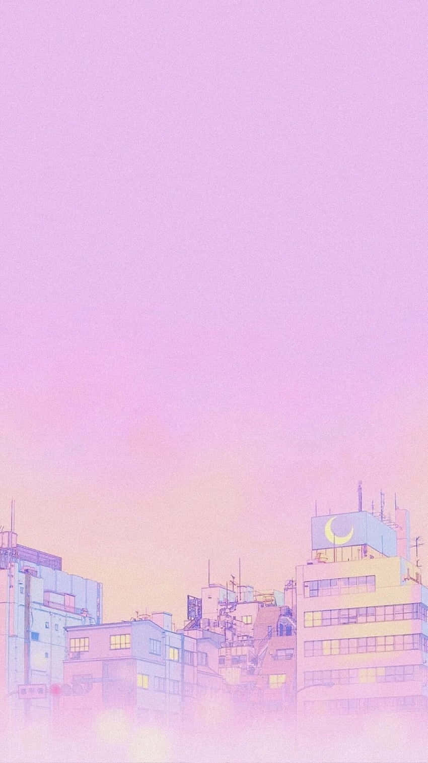 pastel pink aesthetic anime, pastel pink and purple sky, stylized city buildings, HD Phone Wallpaper