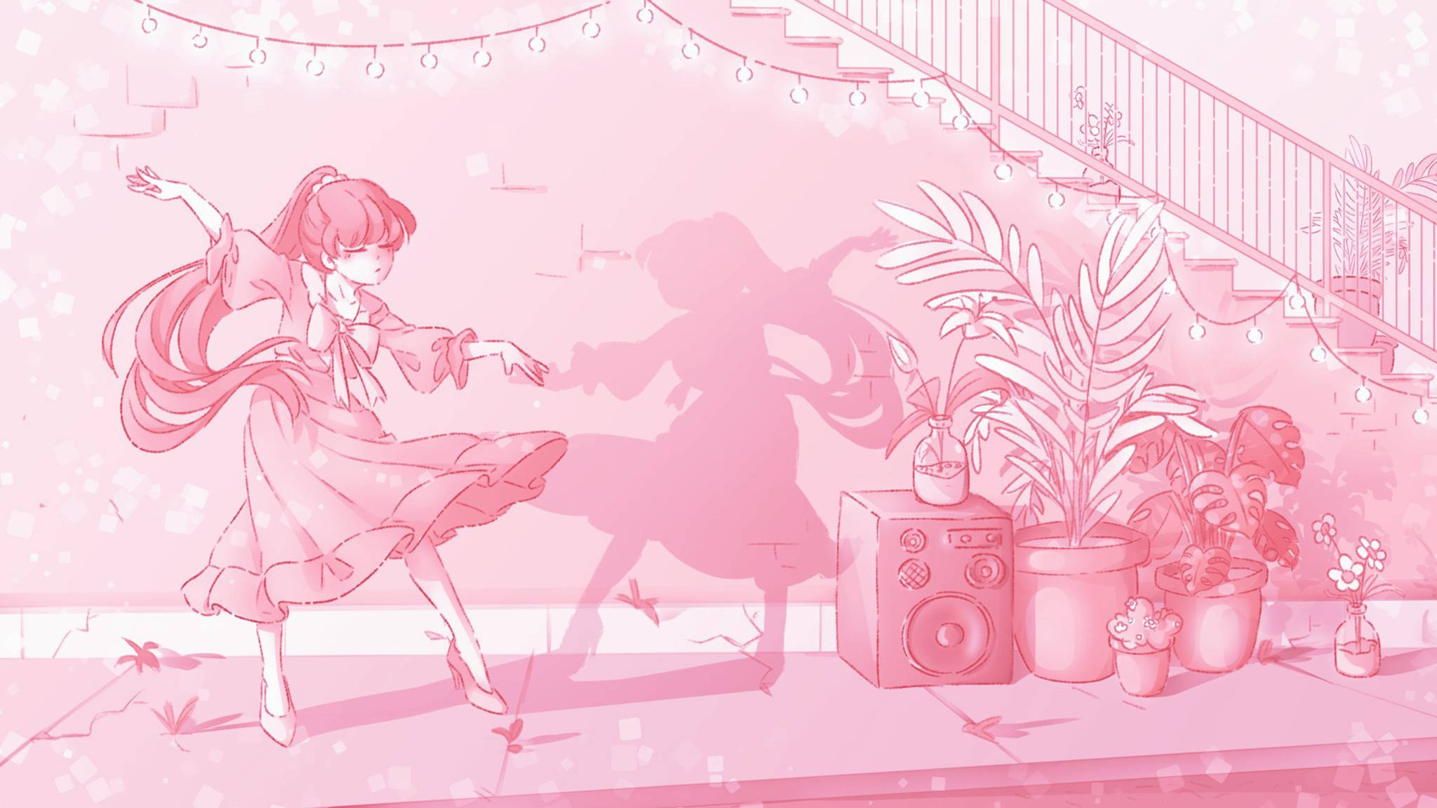 pink-hued anime girl, cozy indoor space, string lights, Full HD Desktop Wallpaper