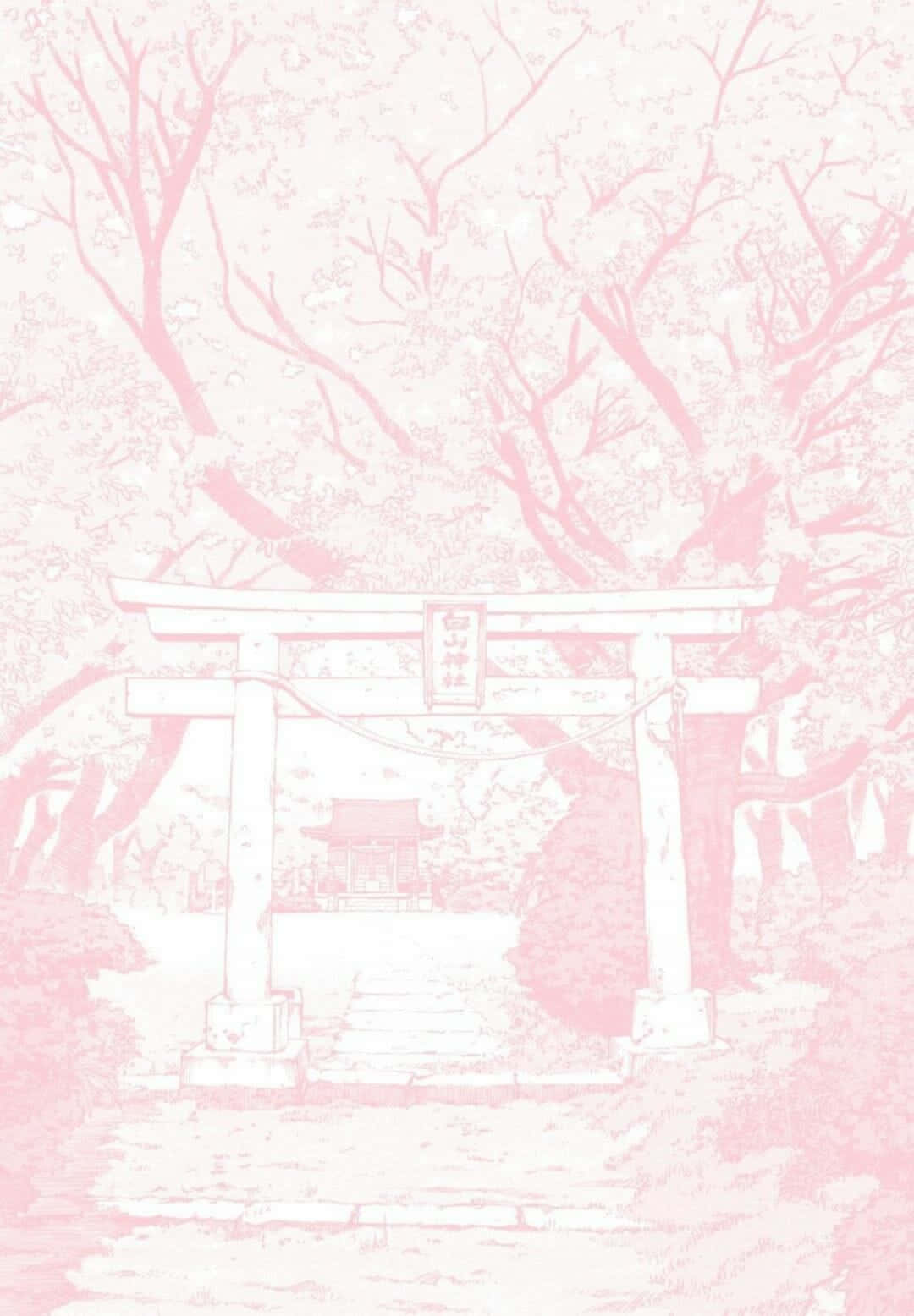 Pastel Pink Aesthetic Anime, traditional Japanese torii gate, blossoming cherry trees, HD Phone Wallpaper