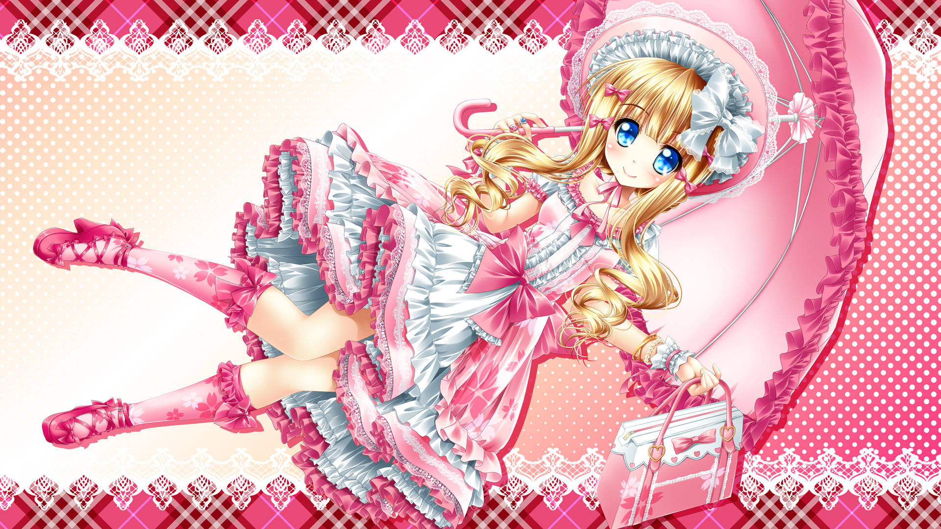 anime girl, frilly pink and white dress, matching parasol, Full HD Desktop Wallpaper
