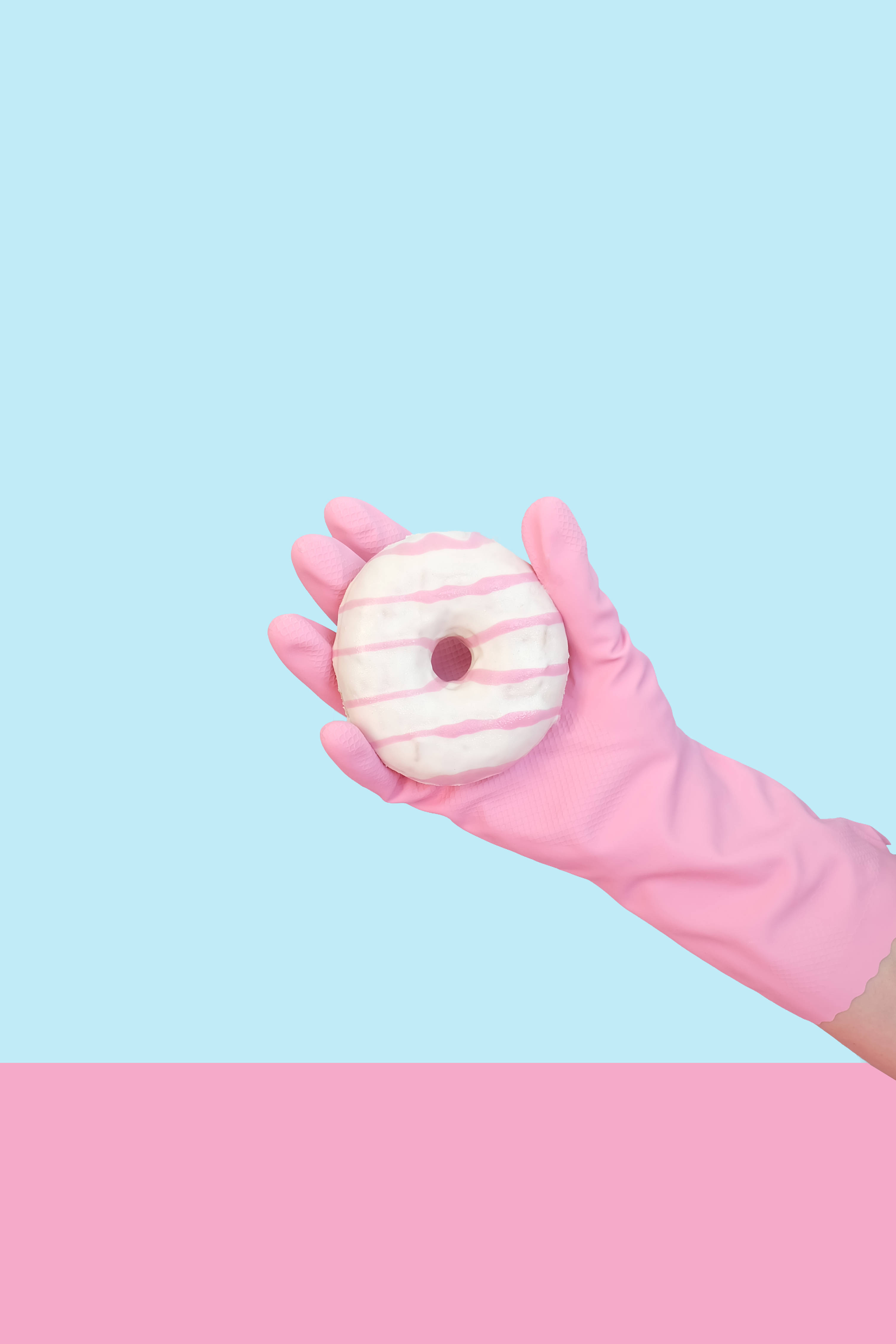 pastel pink aesthetic, pink rubber glove, white frosted donut, 4K Phone Wallpaper