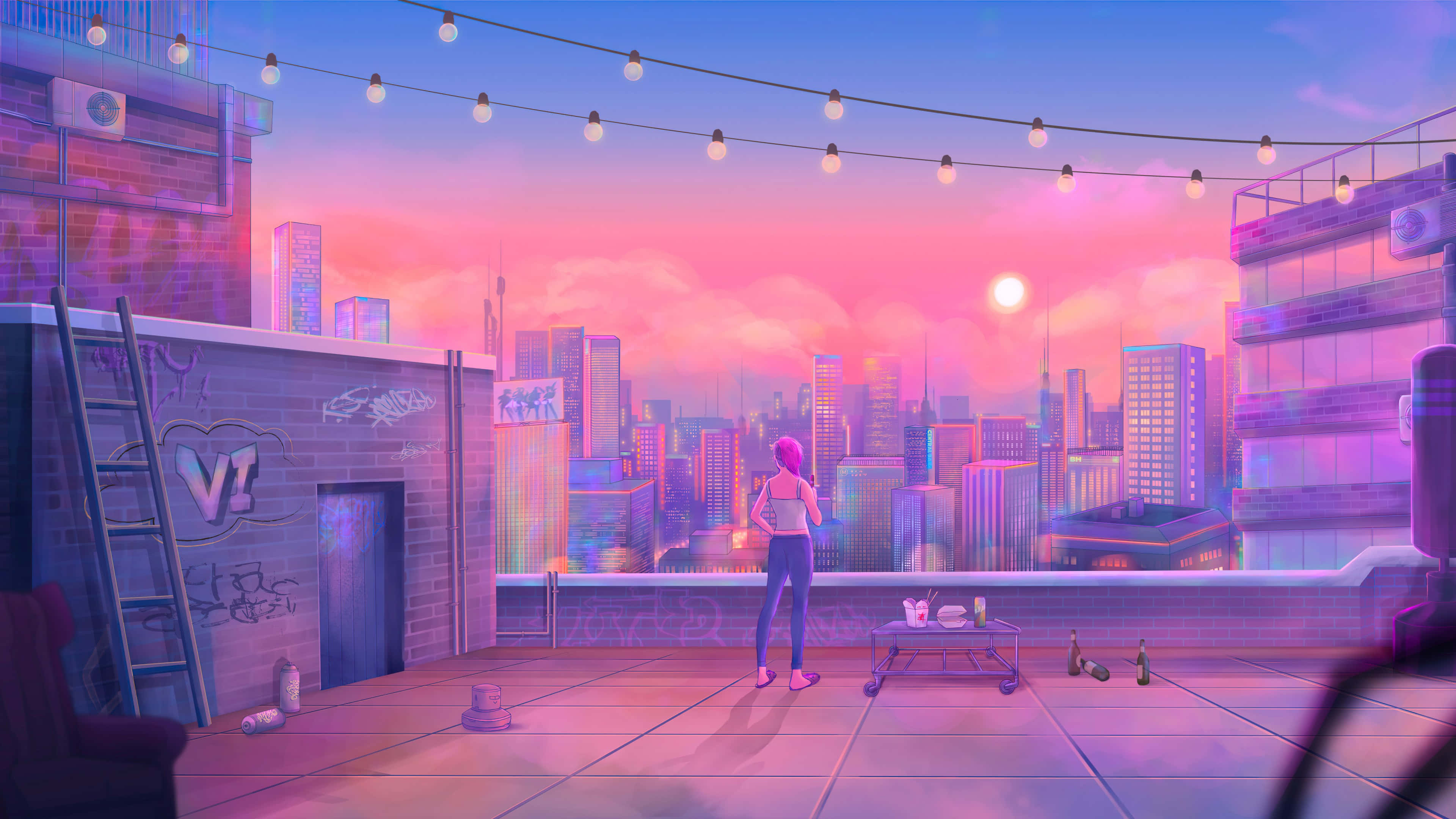 Pastel Pink City Art, graffiti-covered rooftop terrace, sunset, 4K Desktop Wallpaper