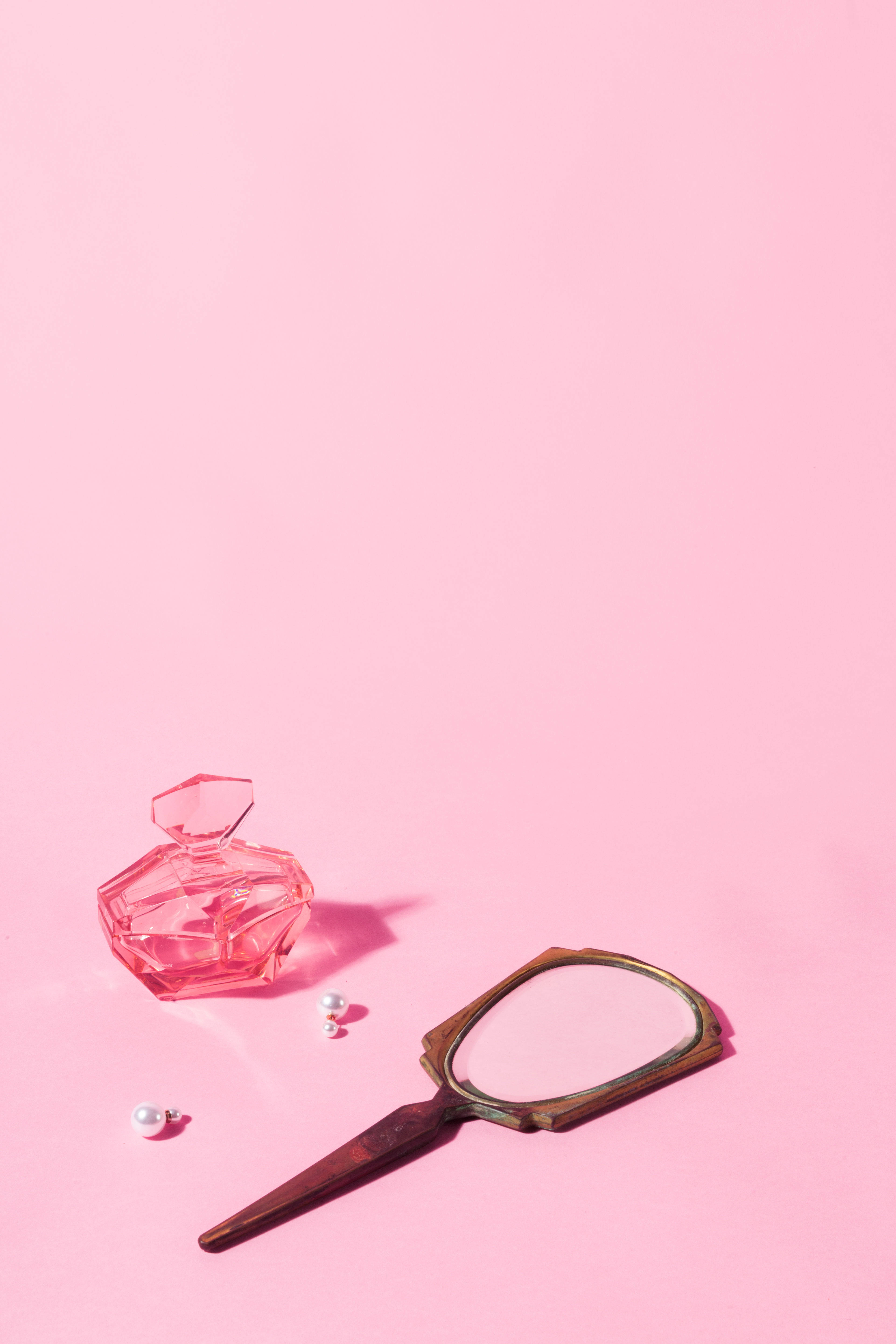 pastel pink color table, pink perfume bottle, vintage hand mirror, 5K Phone Wallpaper