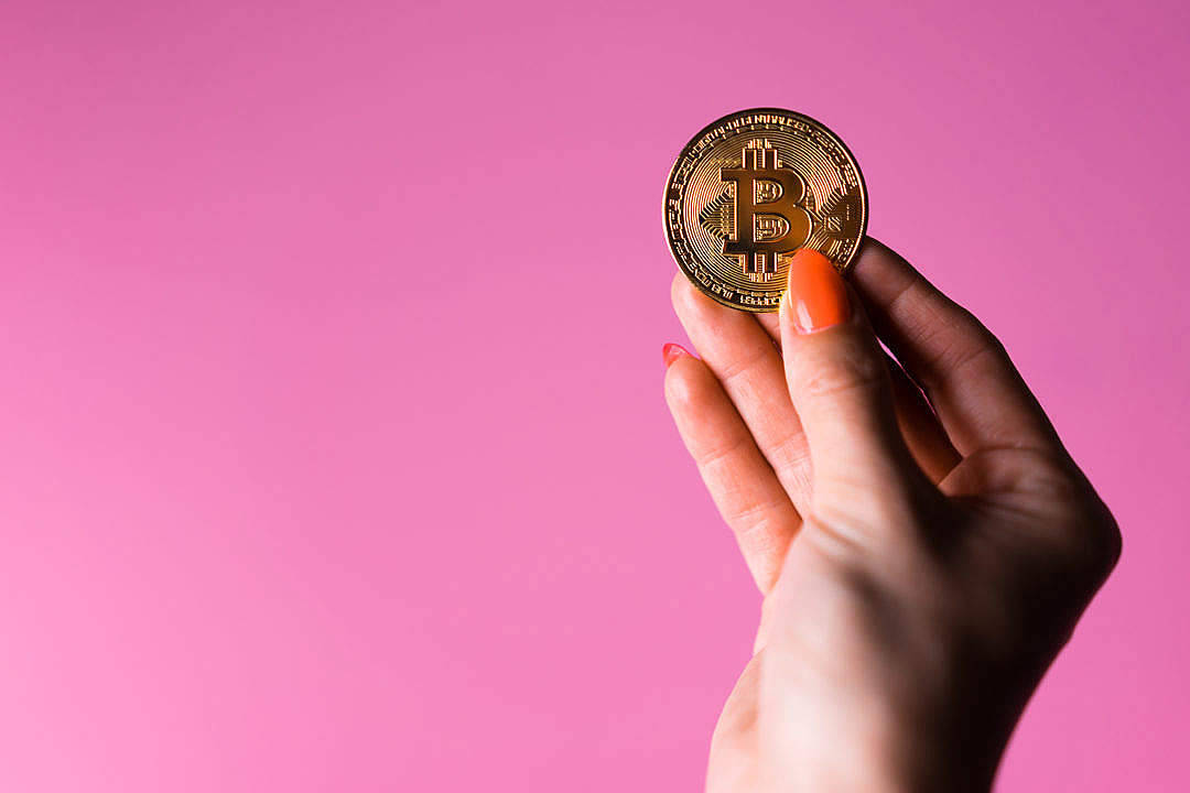 pastel pink color, orange nails, gold Bitcoin coin, SD Desktop Wallpaper