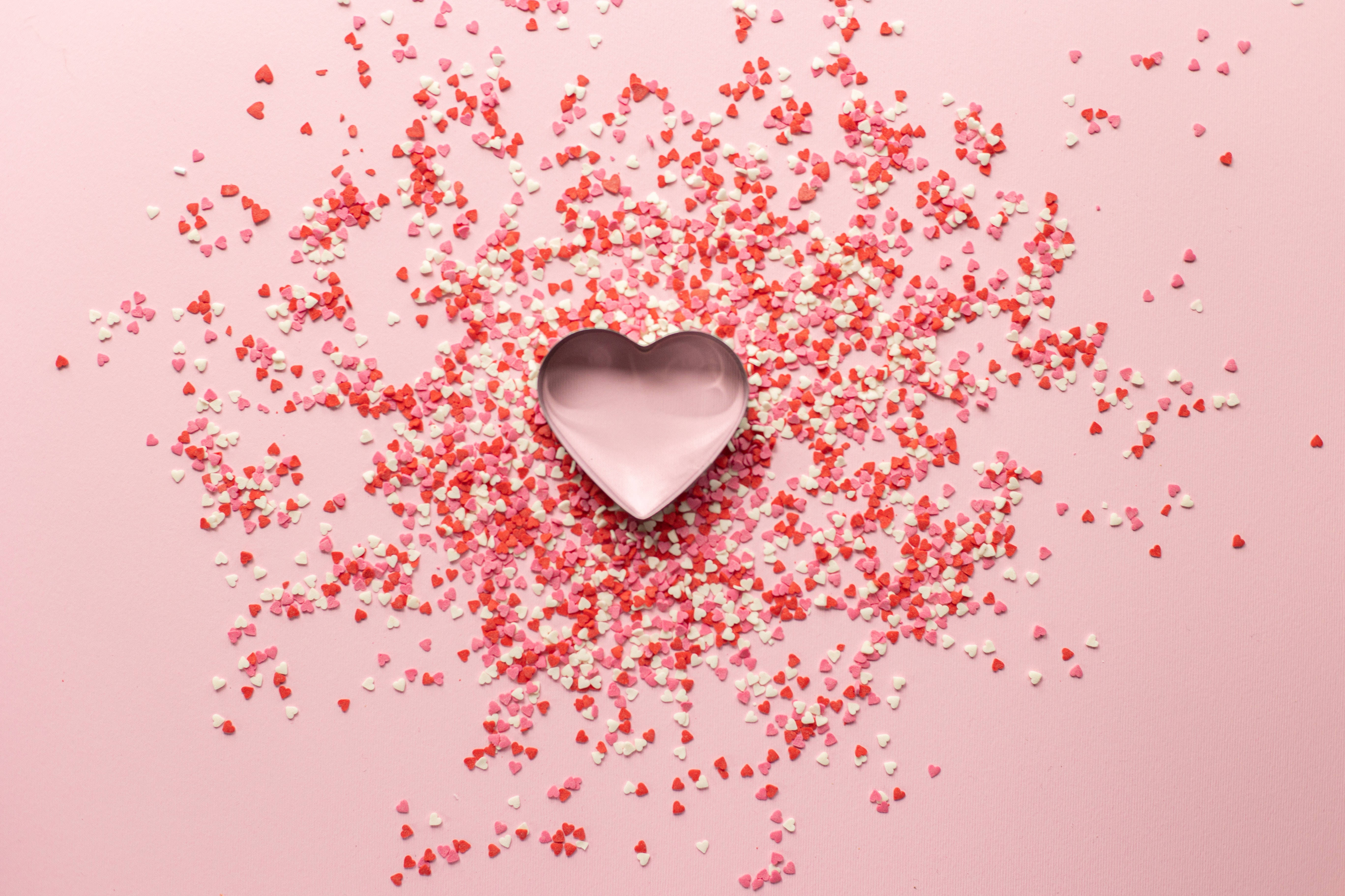 Pastel Pink Heart, metallic heart-shaped cookie cutter, red and white heart sprinkles, 5K Desktop Wallpaper