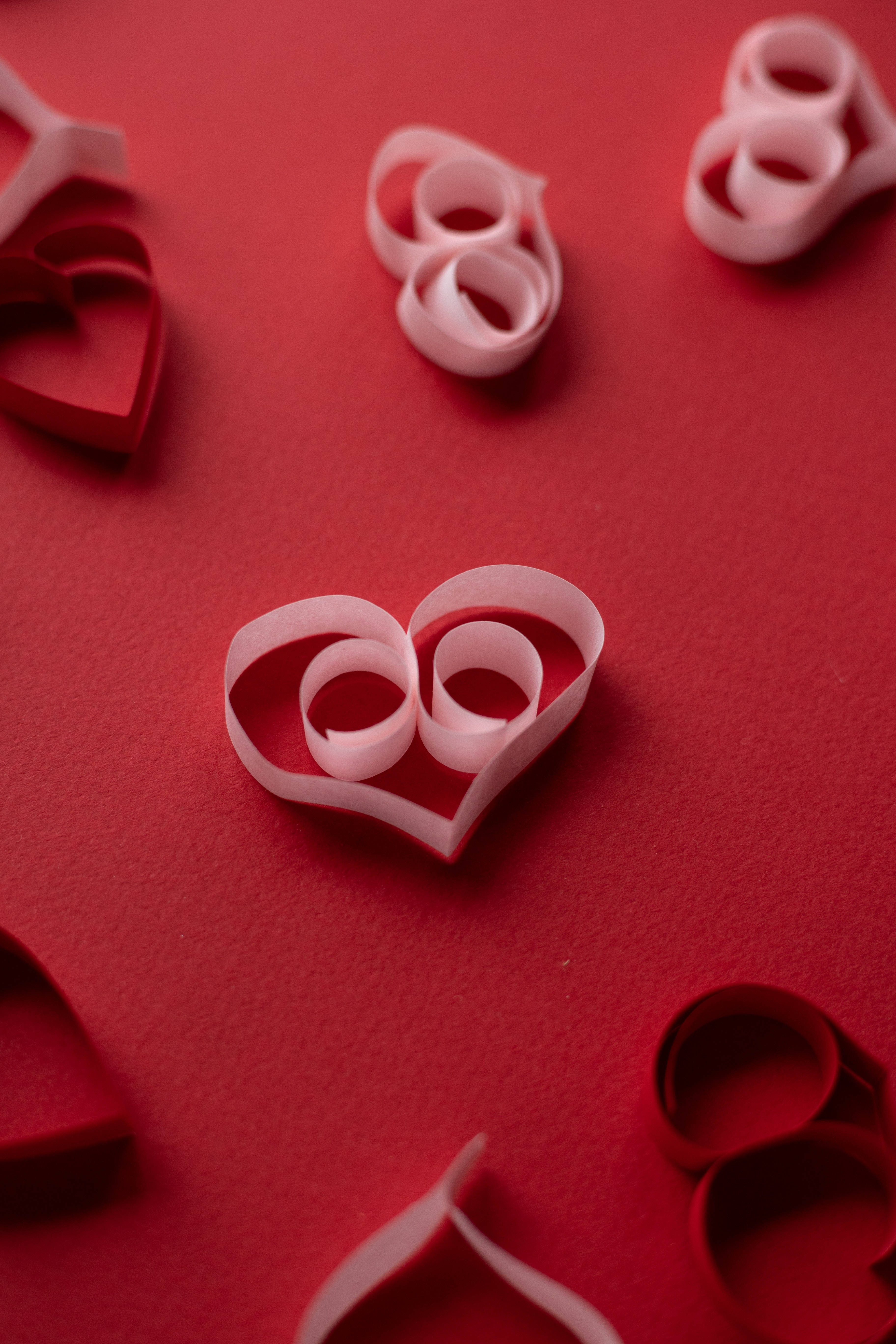 Pastel Pink Heart Spiral Paper, crimson background, textured background, 5K Phone Wallpaper