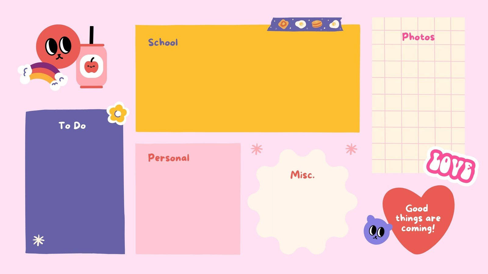 pastel pink, digital planner layout, cute cartoon characters, HD Desktop Wallpaper