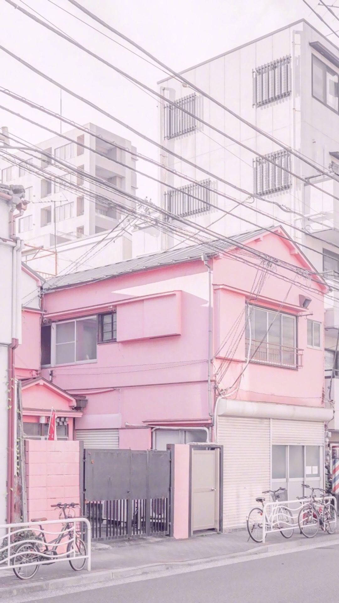 pastel pink, bicycles, urban alleyway, Full HD Phone Wallpaper
