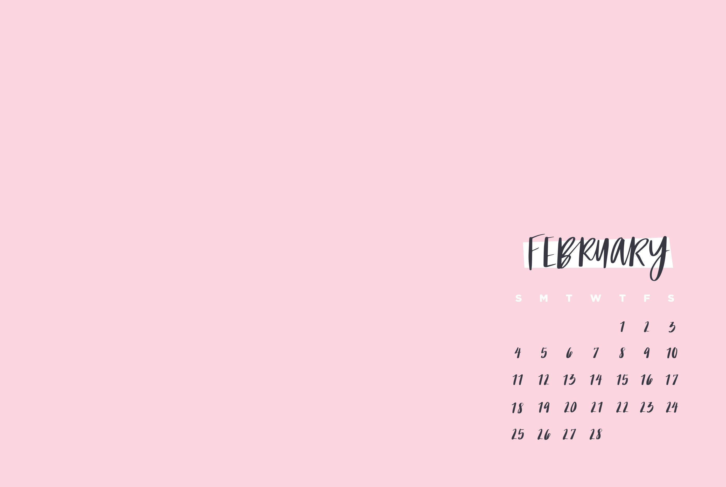 Pastel Pink February Calendar, soft pink background, black script, 2K Desktop Wallpaper