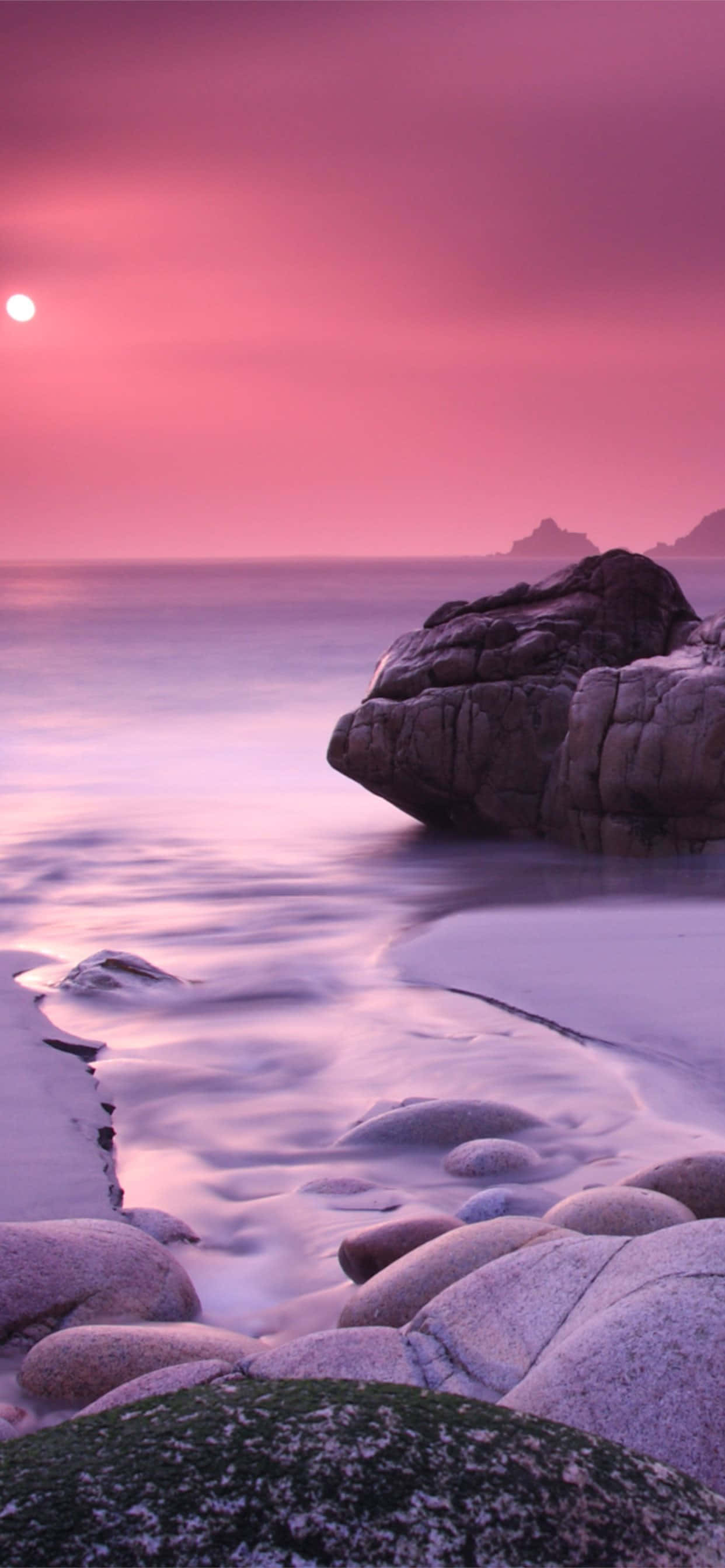 Pastel Purple iPhone, pink sunset, rocky beach, 2K Phone Wallpaper