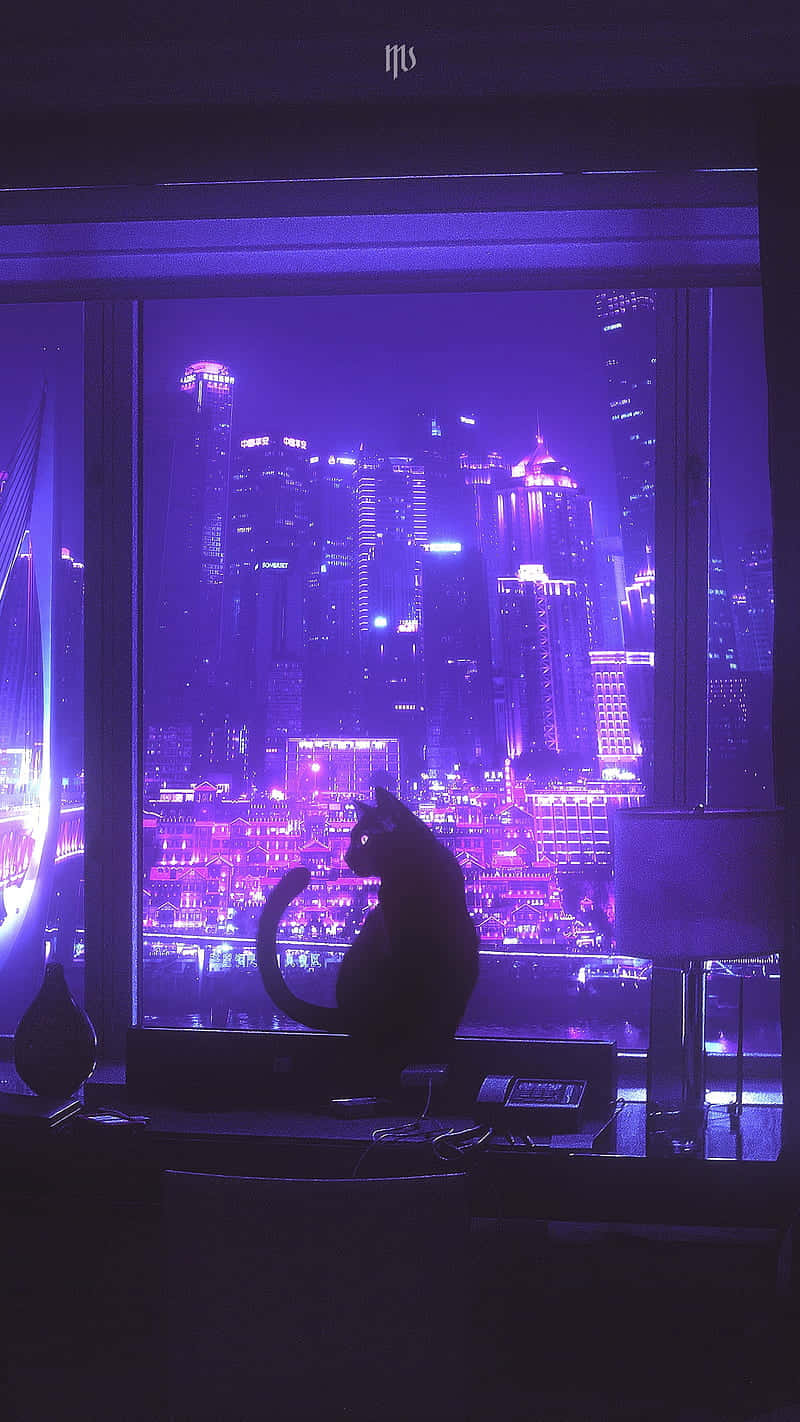 neon purple, pink illuminated cityscape, windowsill, HD Phone Wallpaper