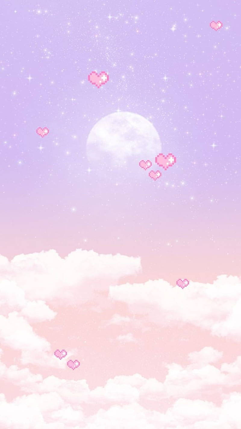 pastel purple sky, fluffy clouds, pixel hearts, HD Phone Wallpaper
