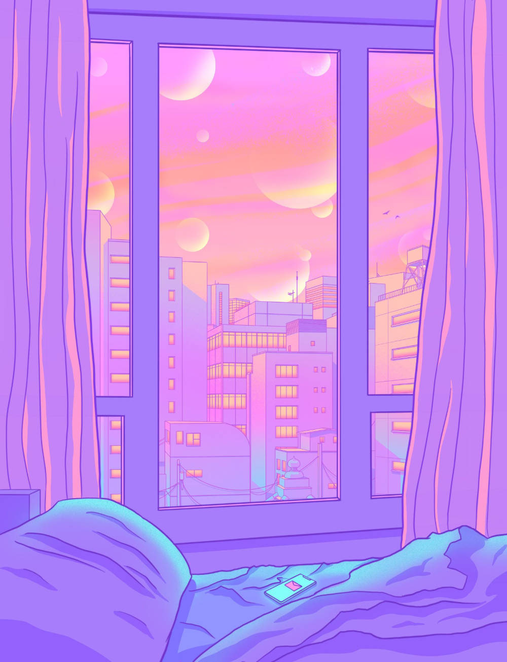 Pastel Purple, window view, surreal cityscape, HD Phone Wallpaper